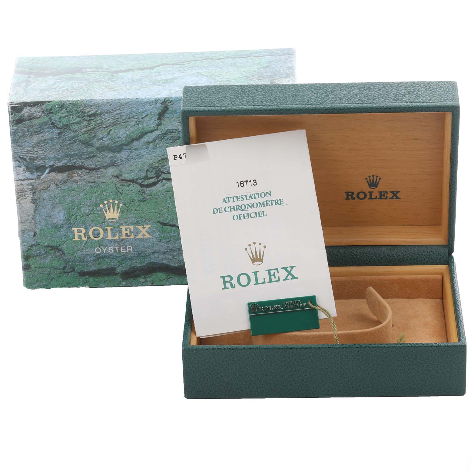 This image shows the packaging and documents for a Rolex GMT-Master 16713LN Men's Steel and Gold (two tone) Black Dial 16713LN Men's Steel and Gold (two tone) Black Dial, including the box, booklet, and tag.