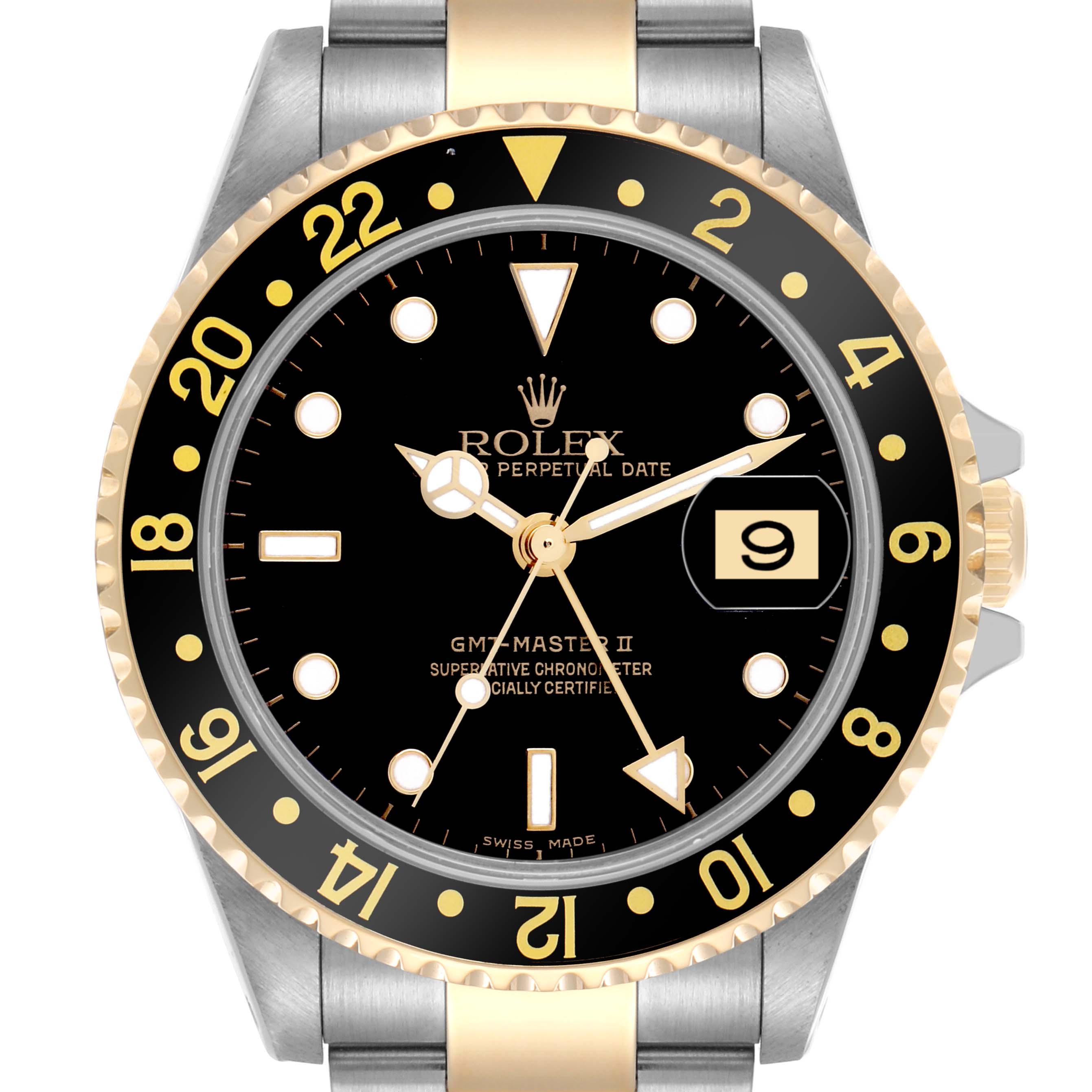 The image shows a front view of the Rolex GMT-Master 16713LN Men's Steel and Gold (two tone) Black Dial 16713LN Men's Steel and Gold (two tone) Black Dial II watch, highlighting the bezel, dial, and bracelet.