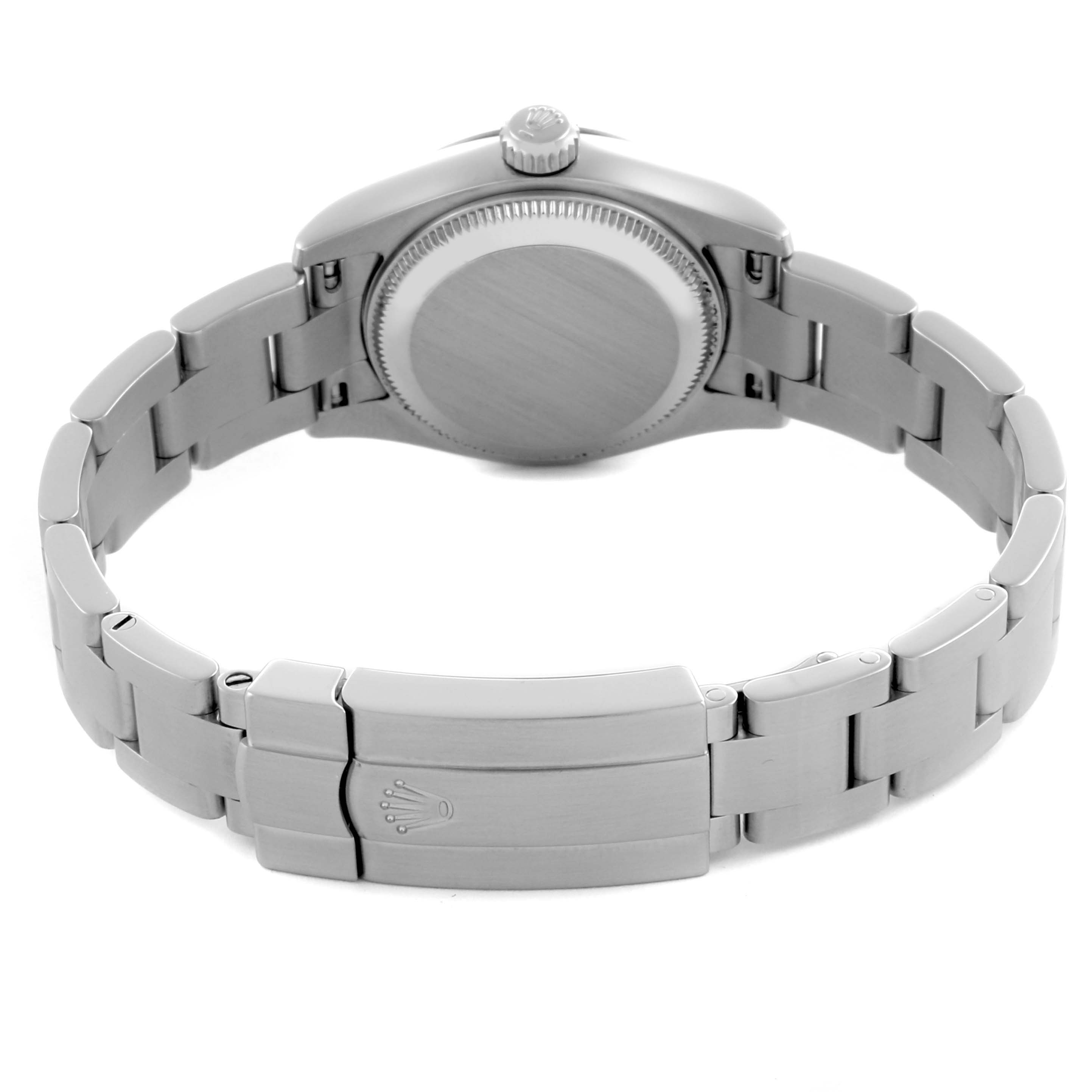 The Rolex Oyster Perpetual 176210 Women's Stainless Steel Pink Dial 176210 Women's Stainless Steel Pink Dial watch is shown from the back, displaying the case, crown, and bracelet clasp.