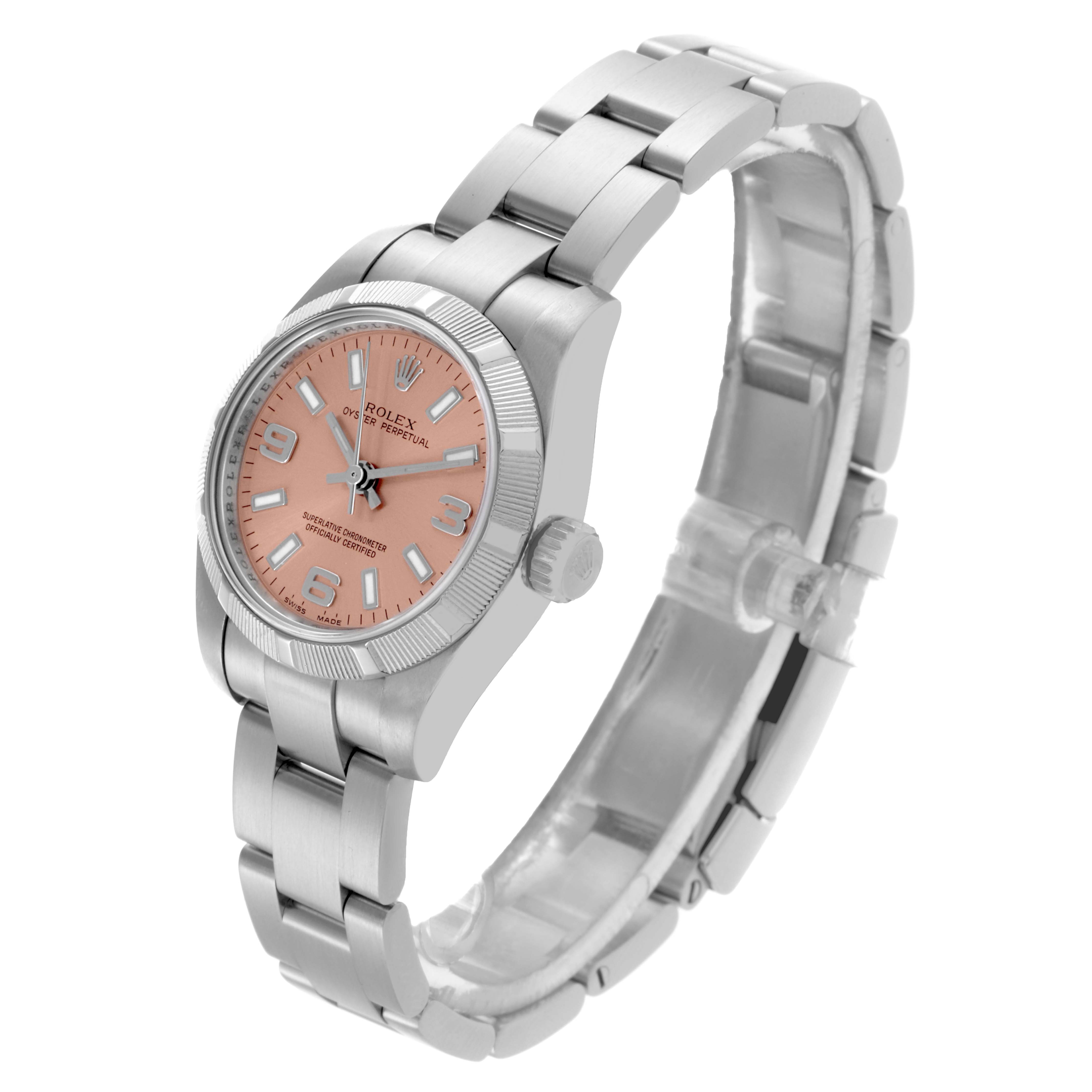 The Rolex Oyster Perpetual 176210 Women's Stainless Steel Pink Dial 176210 Women's Stainless Steel Pink Dial watch is shown at a slight angle, highlighting the dial, bezel, crown, and bracelet.