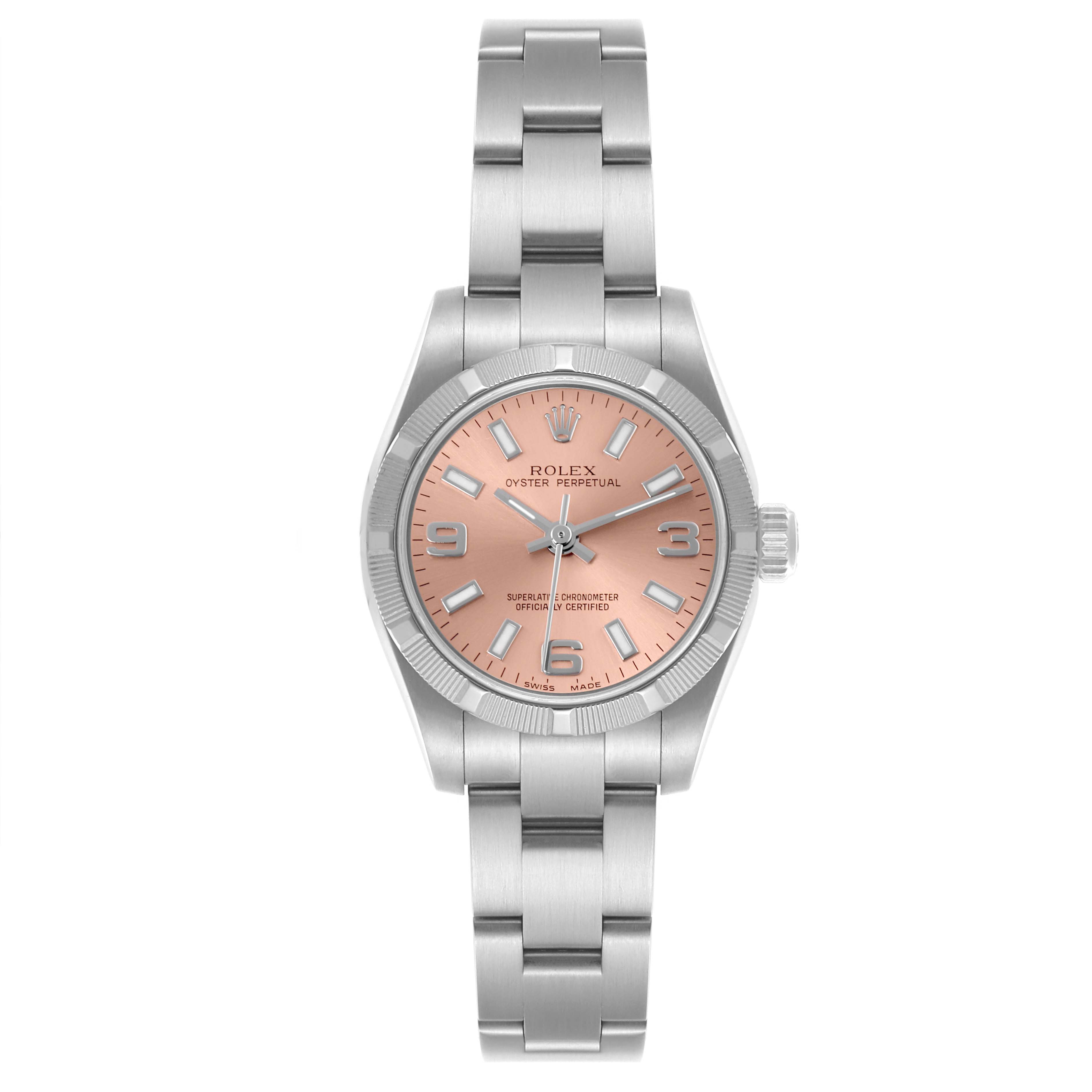 The Rolex Oyster Perpetual 176210 Women's Stainless Steel Pink Dial 176210 Women's Stainless Steel Pink Dial watch is shown from a front view, highlighting the dial, bezel, and bracelet.