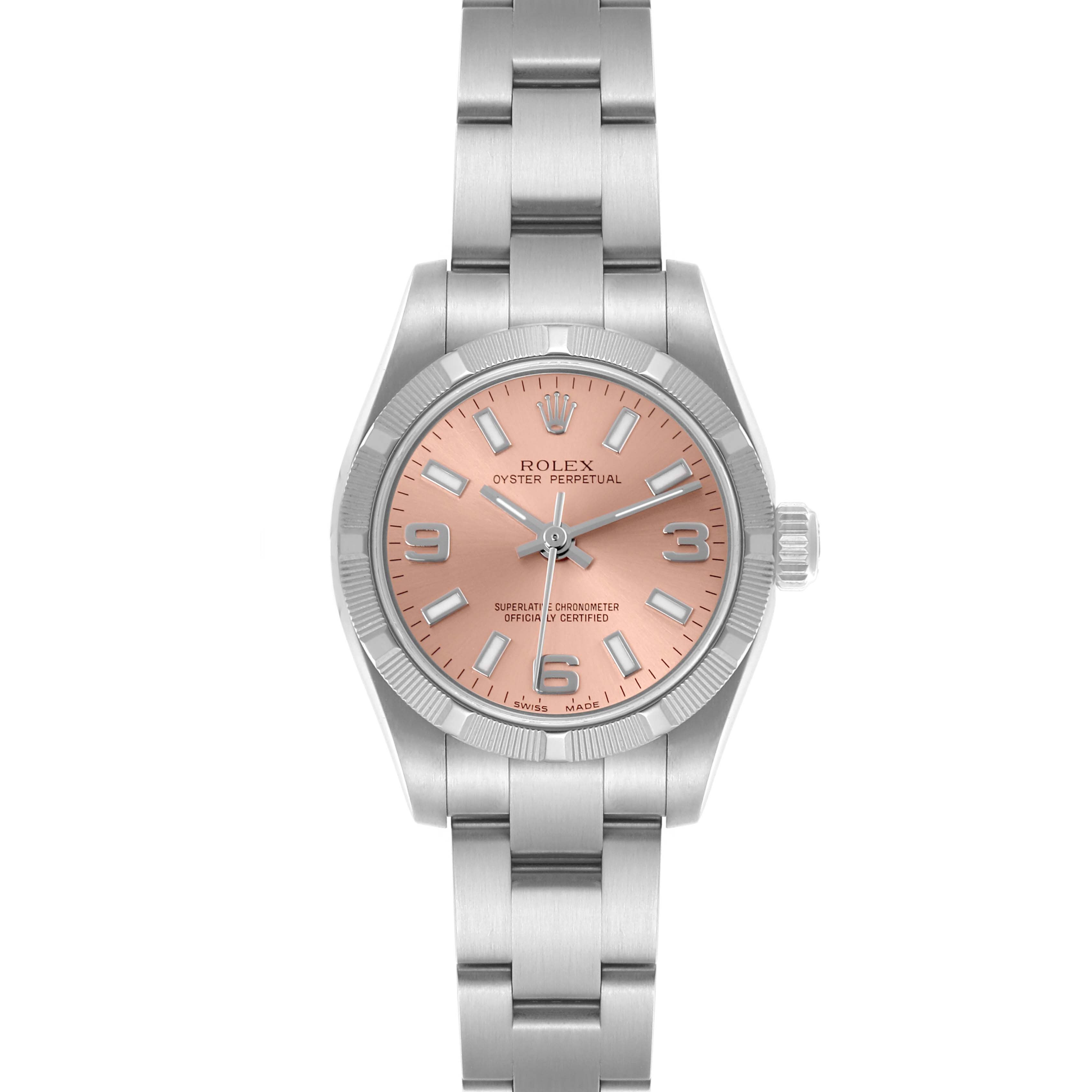 The Rolex Oyster Perpetual 176210 Women's Stainless Steel Pink Dial 176210 Women's Stainless Steel Pink Dial watch is shown from a front angle, displaying its face, hands, and bracelet.