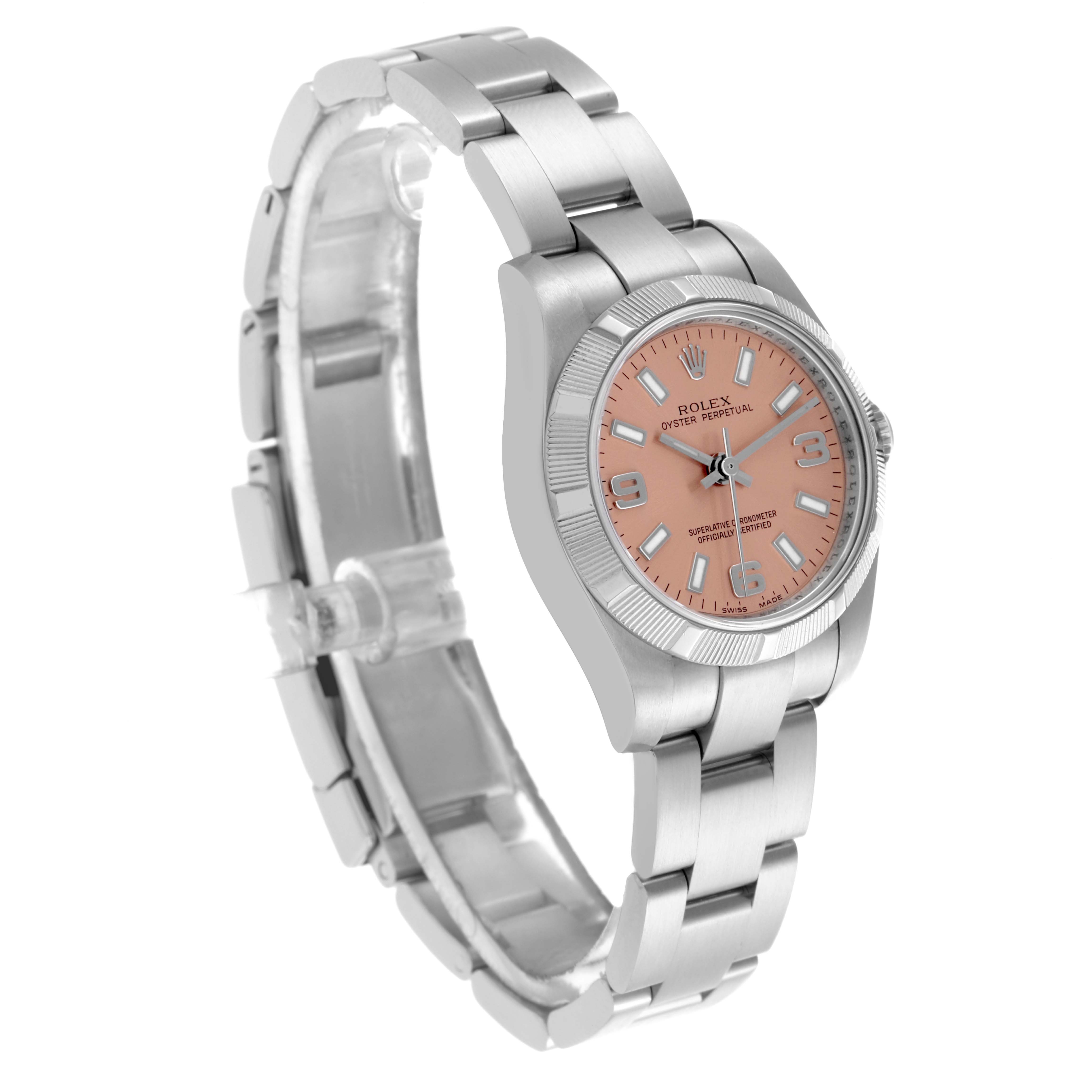 The Rolex Oyster Perpetual 176210 Women's Stainless Steel Pink Dial 176210 Women's Stainless Steel Pink Dial watch is shown at a slight side angle, highlighting the pink dial, bezel, and bracelet.