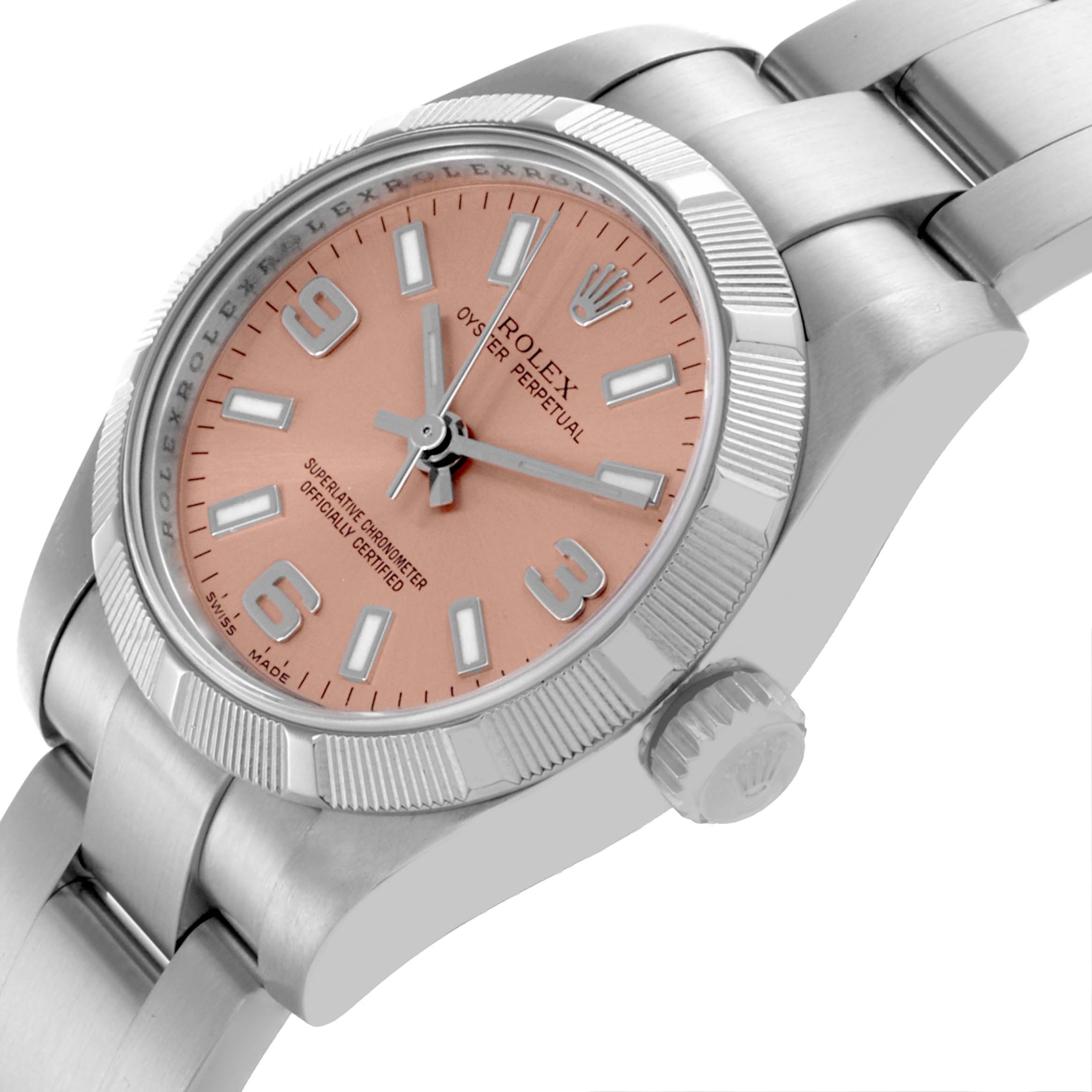 The Rolex Oyster Perpetual 176210 Women's Stainless Steel Pink Dial 176210 Women's Stainless Steel Pink Dial watch is shown at a slight angle, displaying the face, bezel, and part of the bracelet.