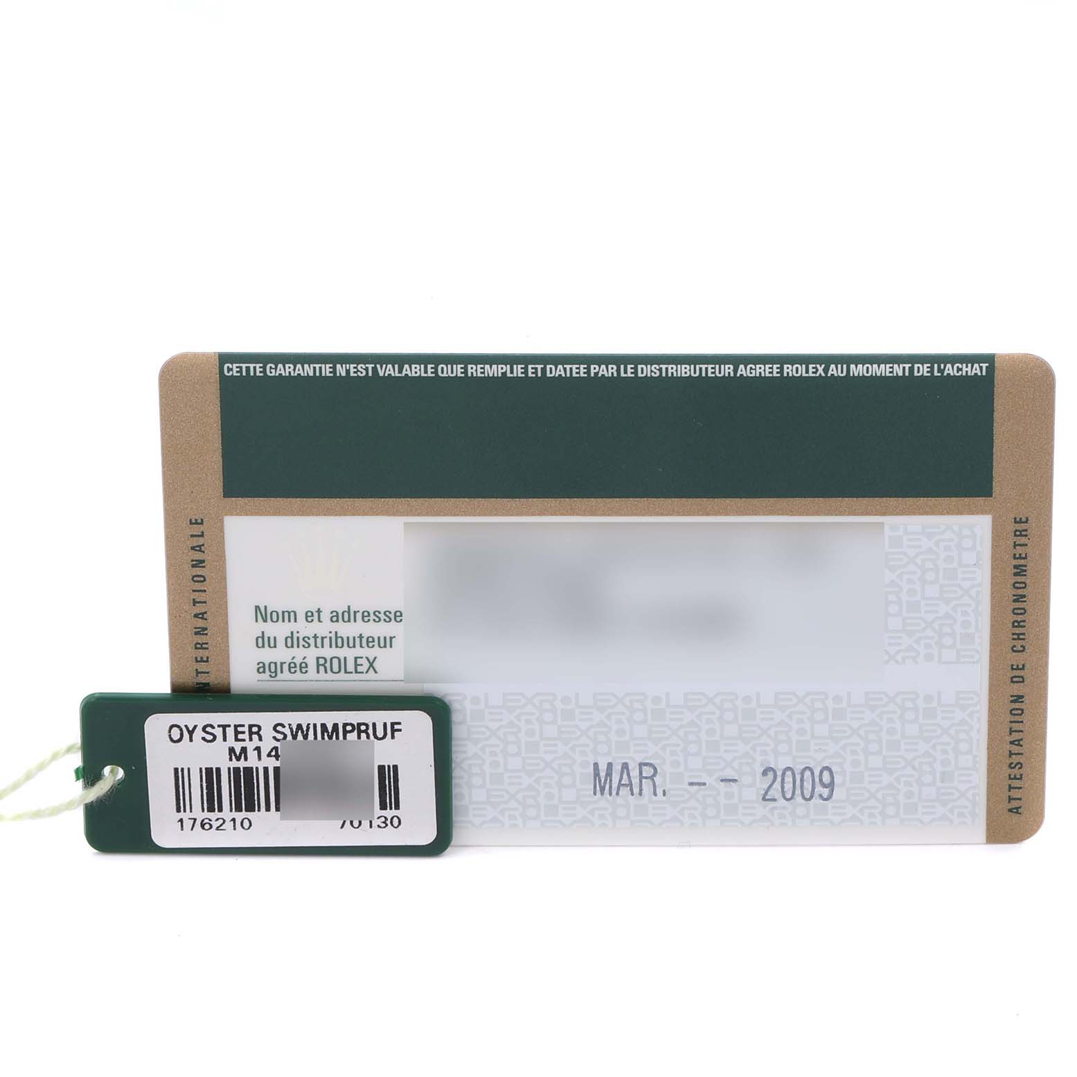 The image shows a Rolex Oyster Perpetual 176210 Women's Stainless Steel Pink Dial 176210 Women's Stainless Steel Pink Dial warranty card and hang tag from a straight, front-facing angle.