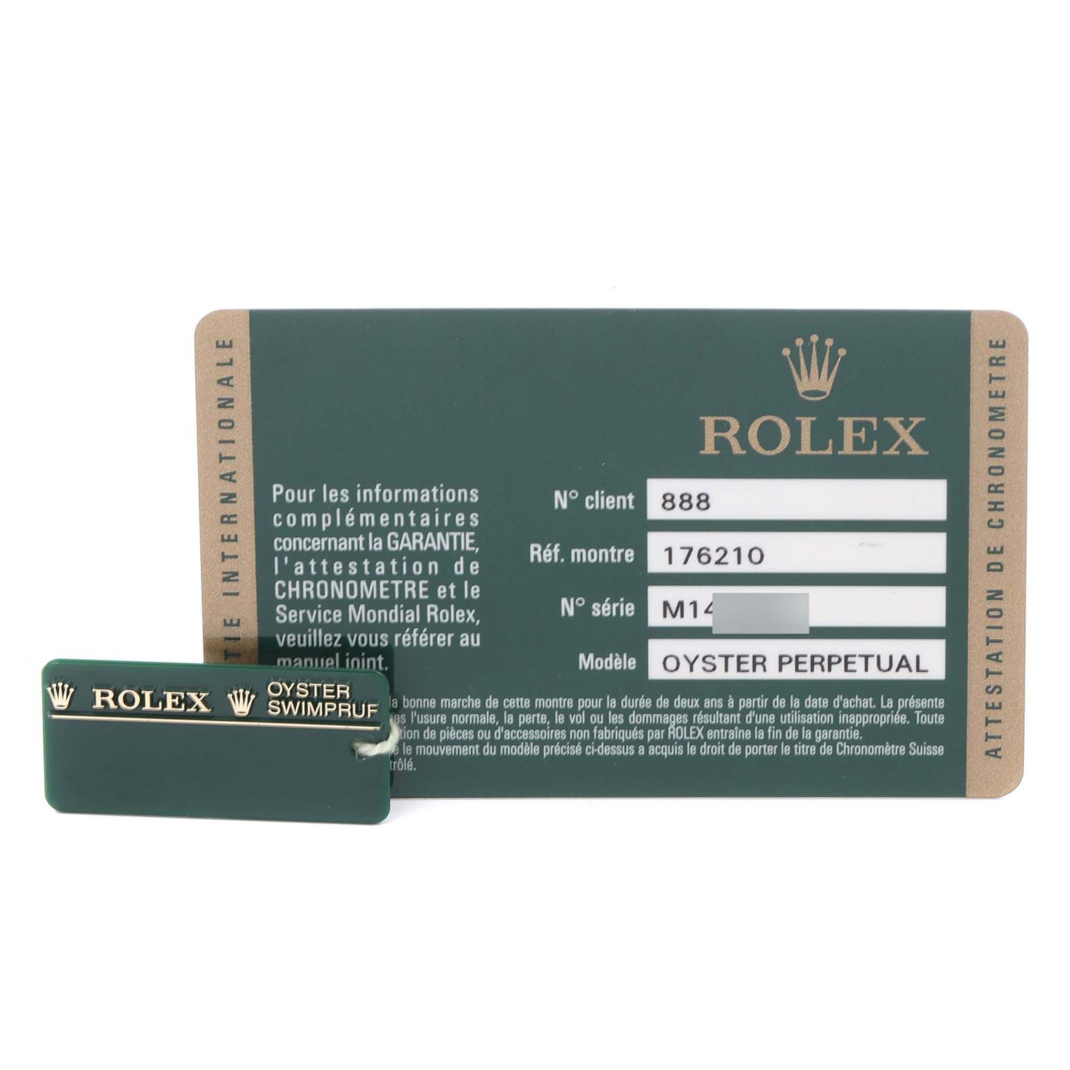 The image shows a warranty card and tag for a Rolex Oyster Perpetual 176210 Women's Stainless Steel Pink Dial 176210 Women's Stainless Steel Pink Dial watch.