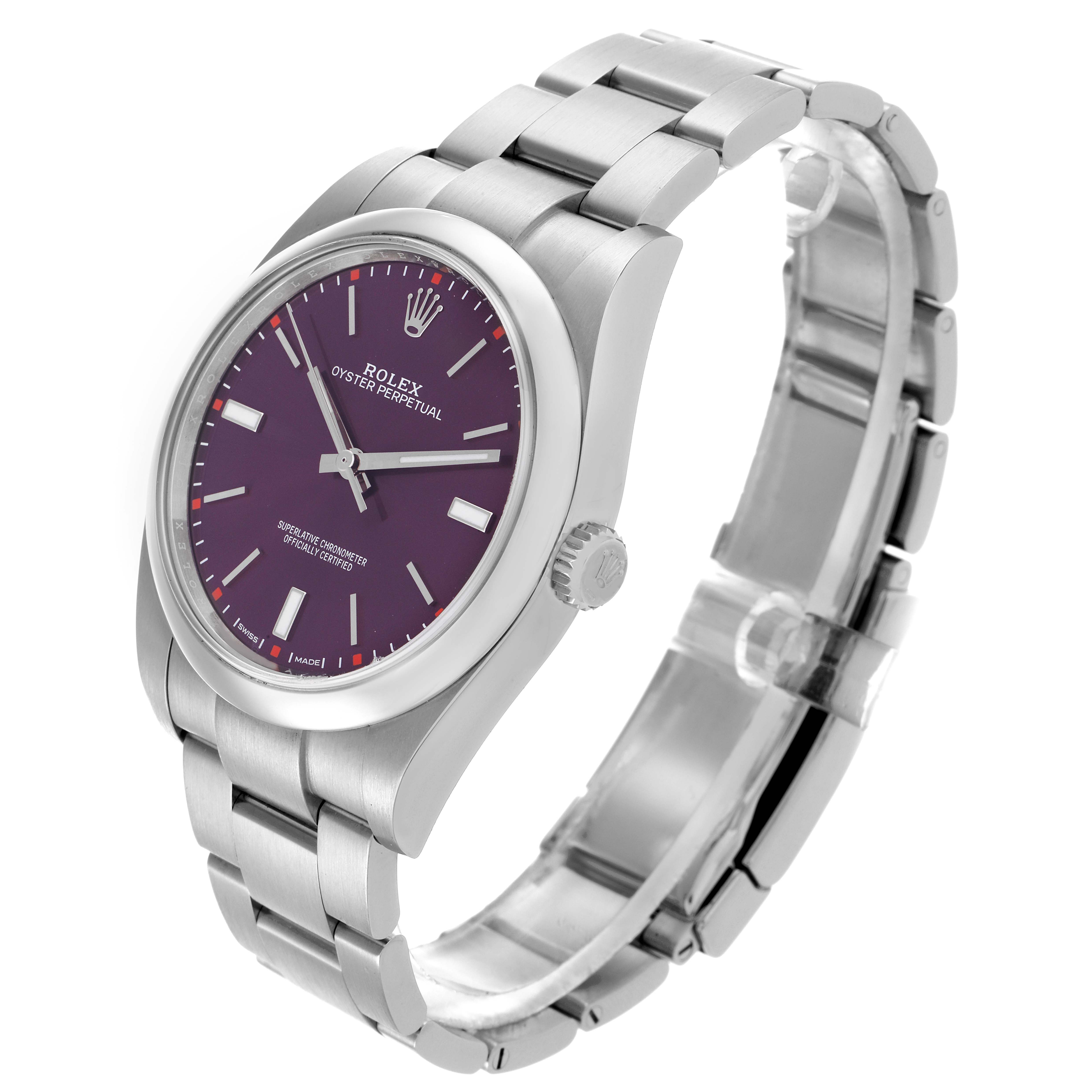 The Rolex Oyster Perpetual 114300 Men's Stainless Steel Purple Dial 114300 Men's Stainless Steel Purple Dial watch is shown at a three-quarter angle, displaying its face, case, crown, and bracelet.