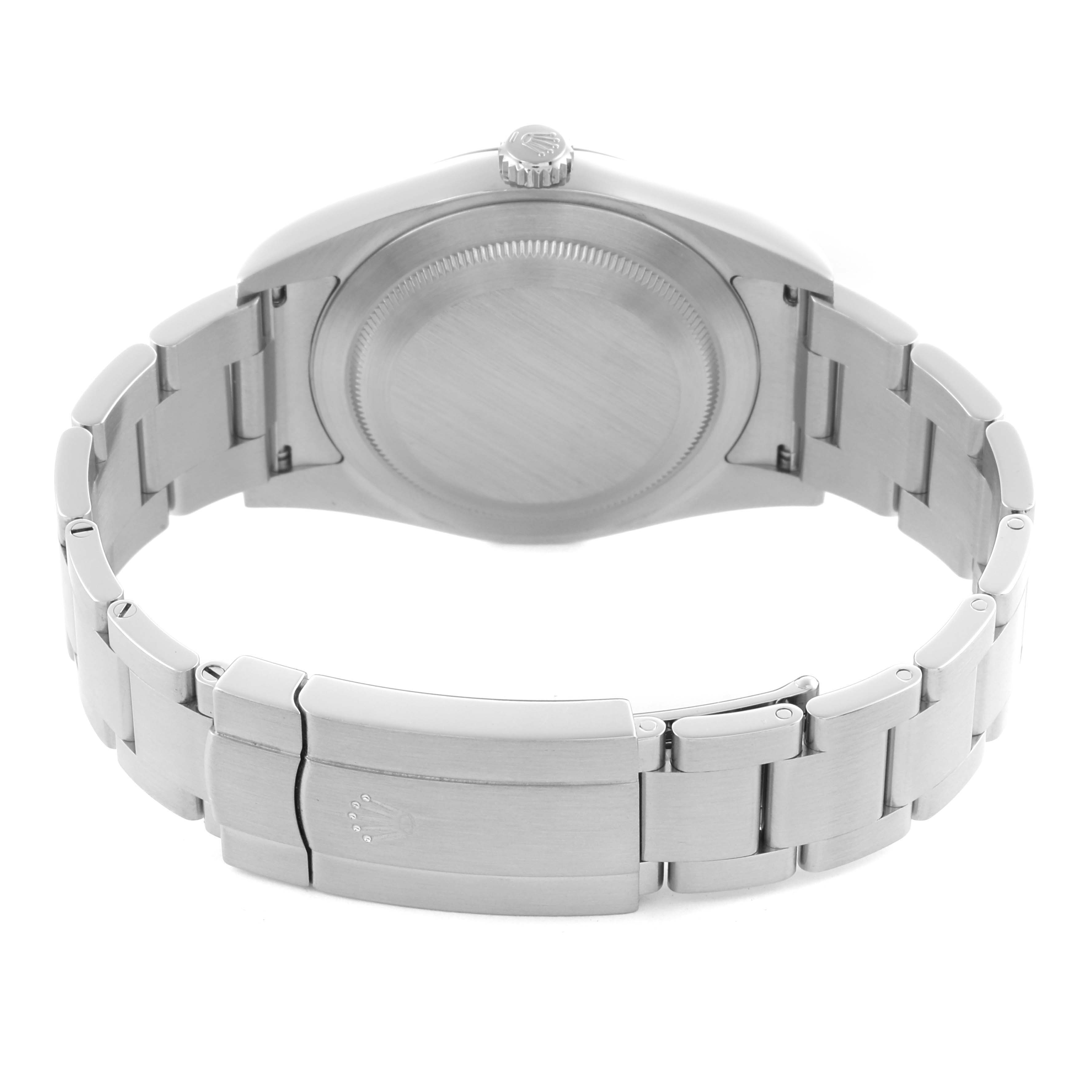 The Rolex Oyster Perpetual 114300 Men's Stainless Steel Purple Dial 114300 Men's Stainless Steel Purple Dial watch is shown from the back, highlighting the case back, bracelet, and clasp.