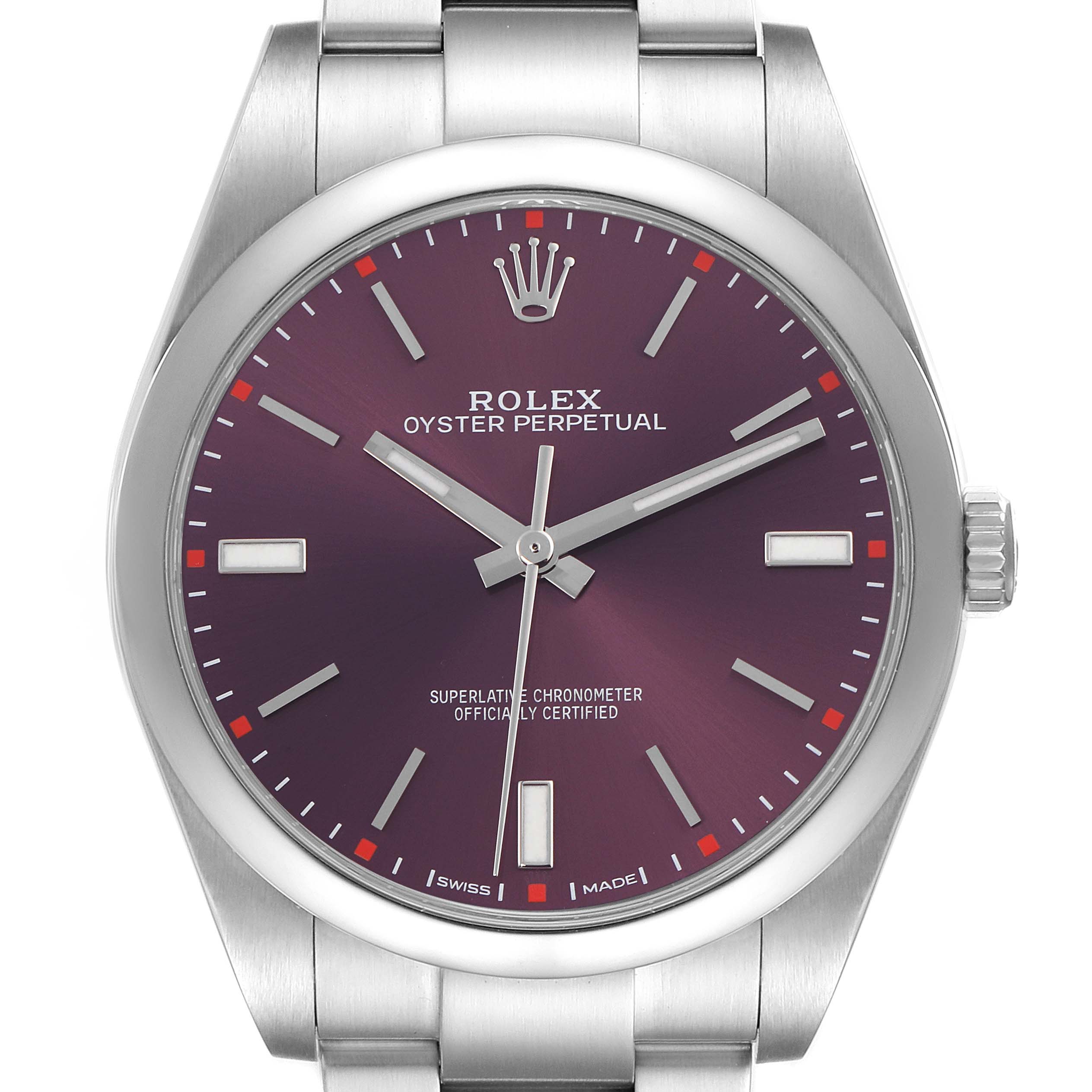 The Rolex Oyster Perpetual 114300 Men's Stainless Steel Purple Dial 114300 Men's Stainless Steel Purple Dial watch is shown from a front angle, displaying the dial, hands, crown, and part of the bracelet.