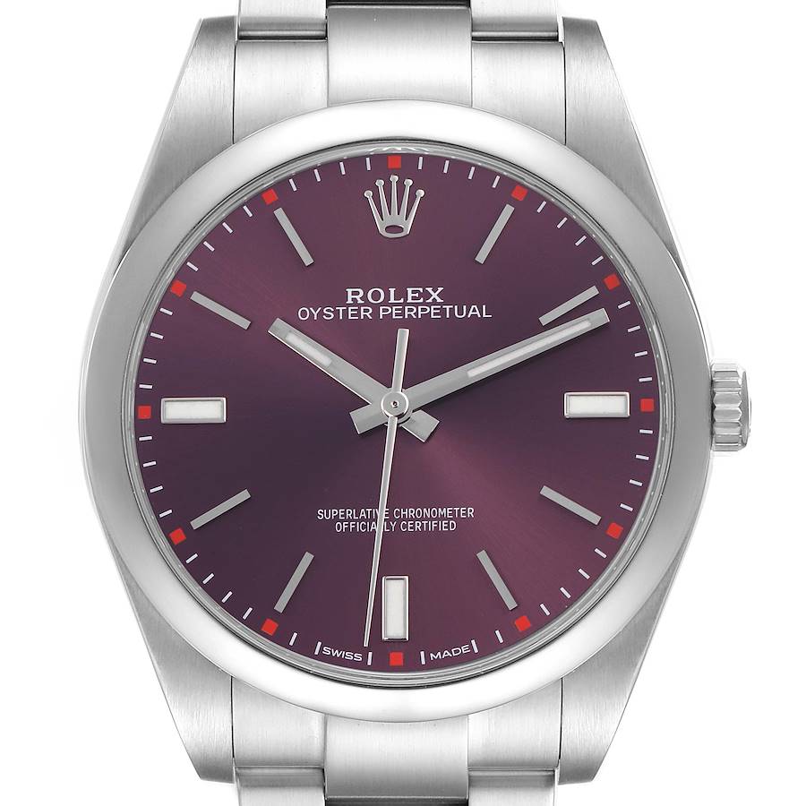 The Rolex Oyster Perpetual watch is shown from a front angle, displaying the dial, hands, crown, and part of the bracelet.