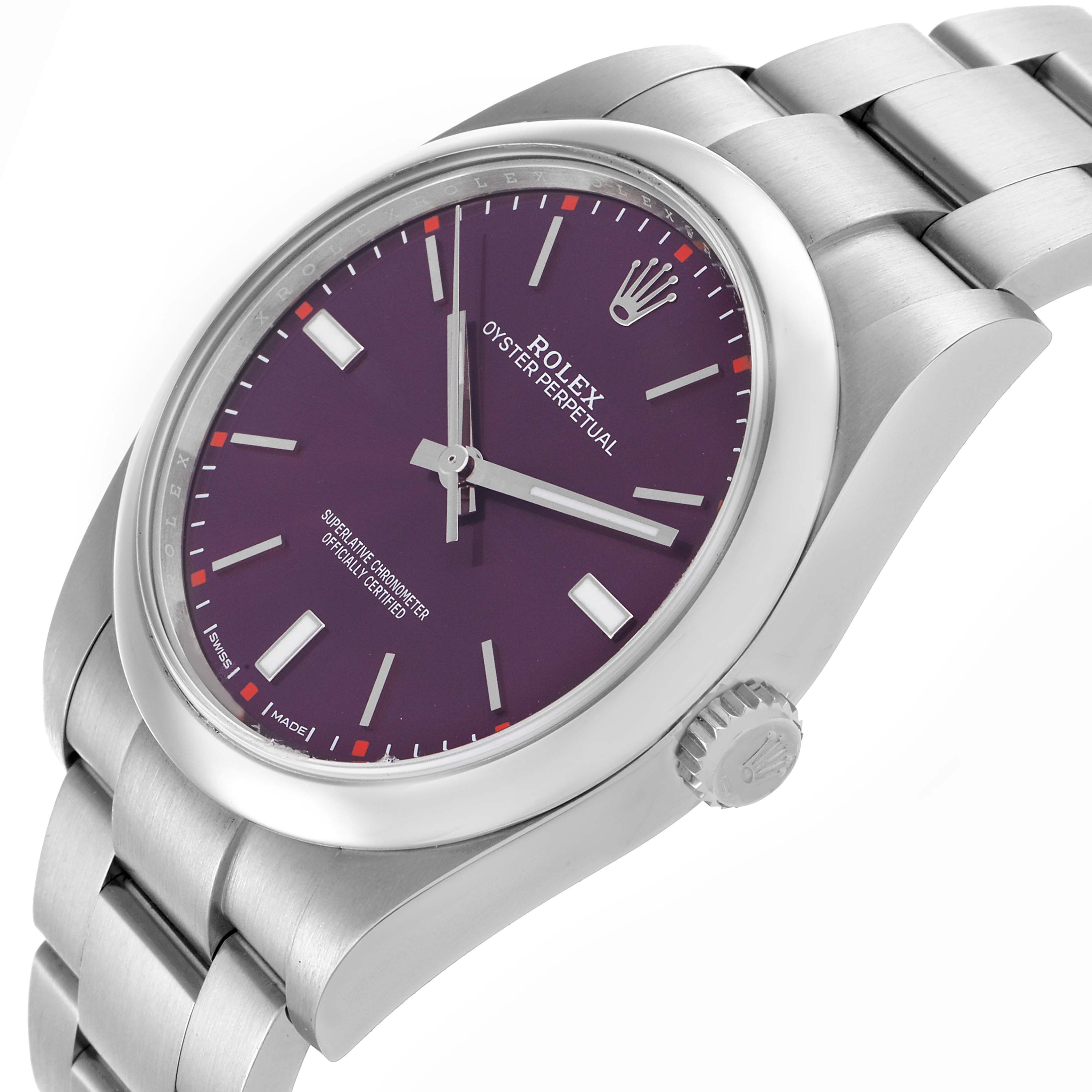 The Rolex Oyster Perpetual 114300 Men's Stainless Steel Purple Dial 114300 Men's Stainless Steel Purple Dial watch is shown from a front-side angle, highlighting the purple dial, crown, and stainless steel bracelet.