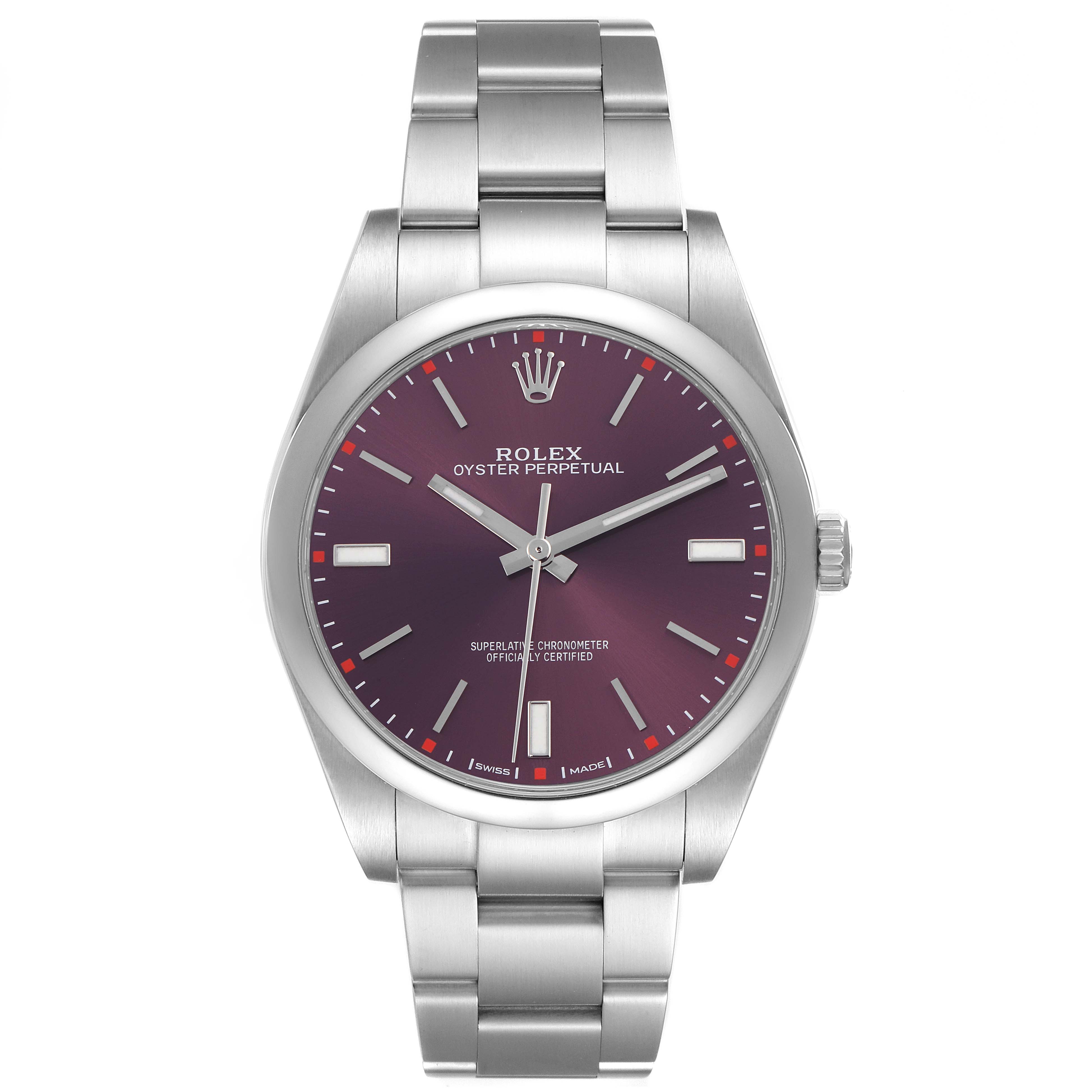 The Rolex Oyster Perpetual 114300 Men's Stainless Steel Purple Dial 114300 Men's Stainless Steel Purple Dial watch is displayed from the front, showing the face, bezel, and bracelet links.