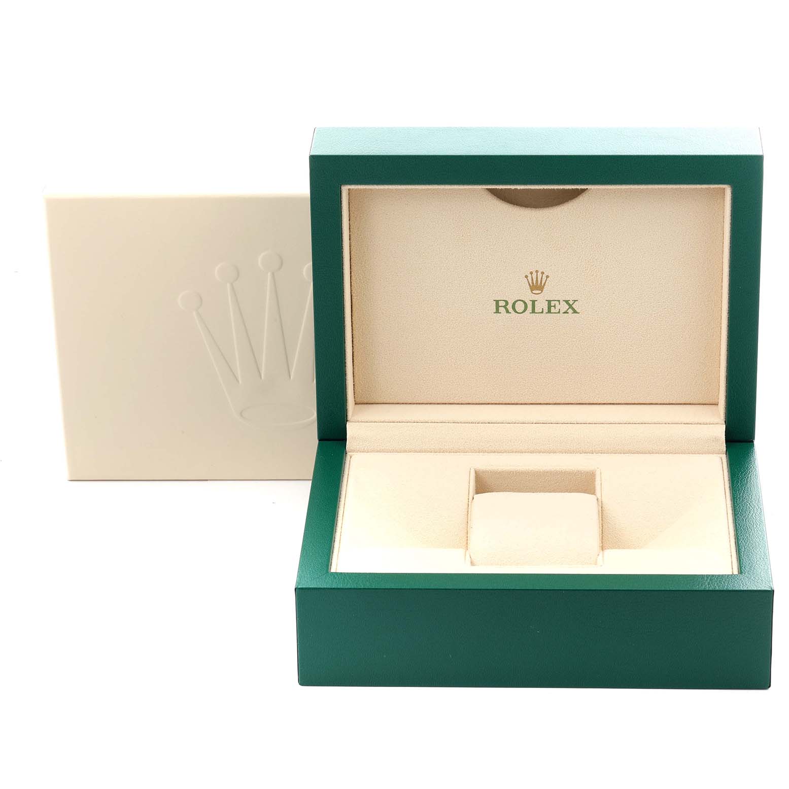 The image shows an open Rolex Oyster Perpetual 114300 Men's Stainless Steel Purple Dial 114300 Men's Stainless Steel Purple Dial watch box, featuring its beige interior with the brand logo.