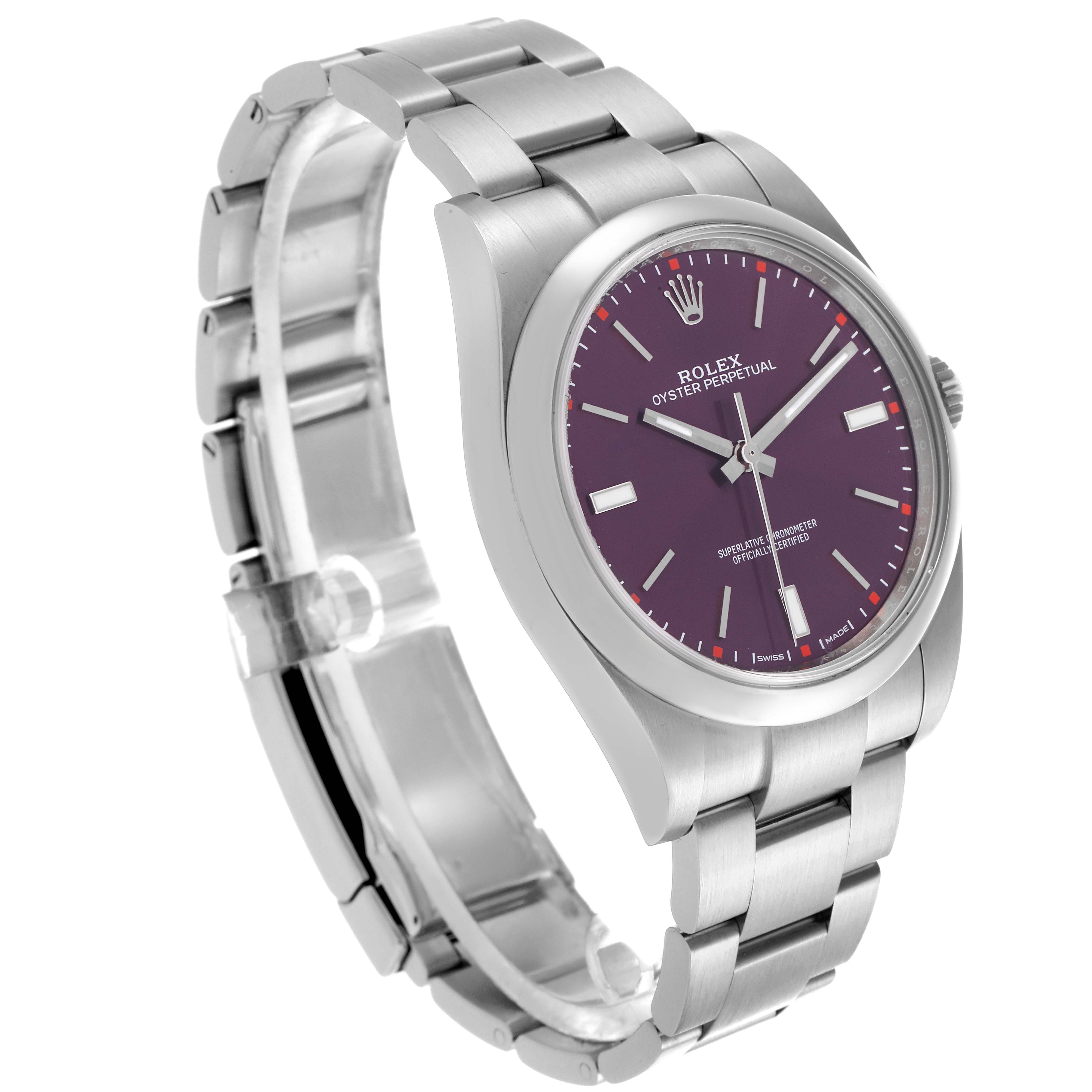 The Rolex Oyster Perpetual 114300 Men's Stainless Steel Purple Dial 114300 Men's Stainless Steel Purple Dial watch is shown at a three-quarter angle, highlighting the dial, bezel, and bracelet.