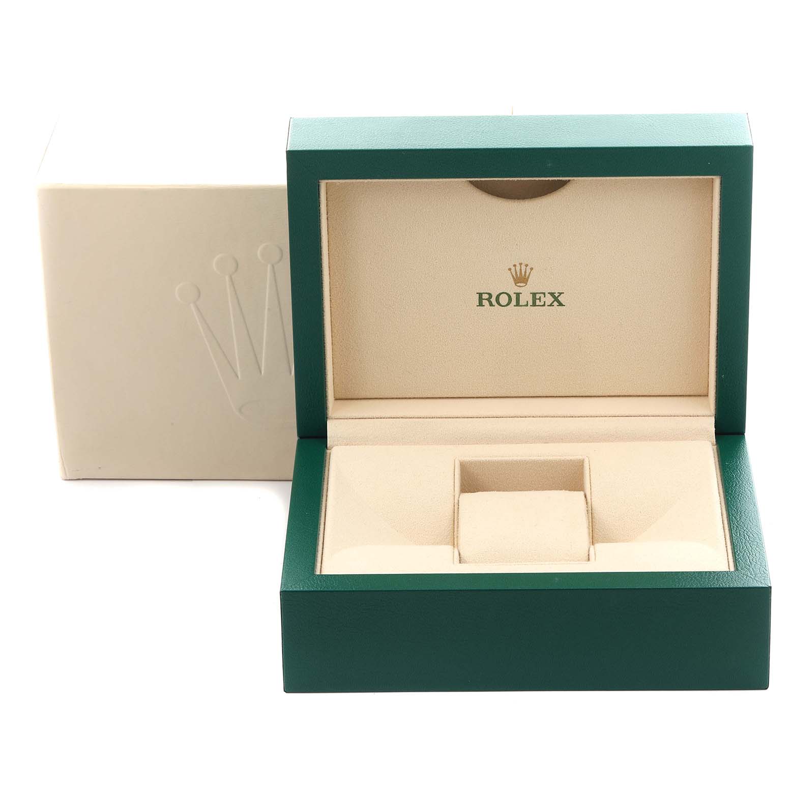 The image shows an open Rolex Oyster Perpetual 124300 Men's Stainless Steel Silver Dial 124300 Men's Stainless Steel Silver Dial watch box with the brand logo inside.