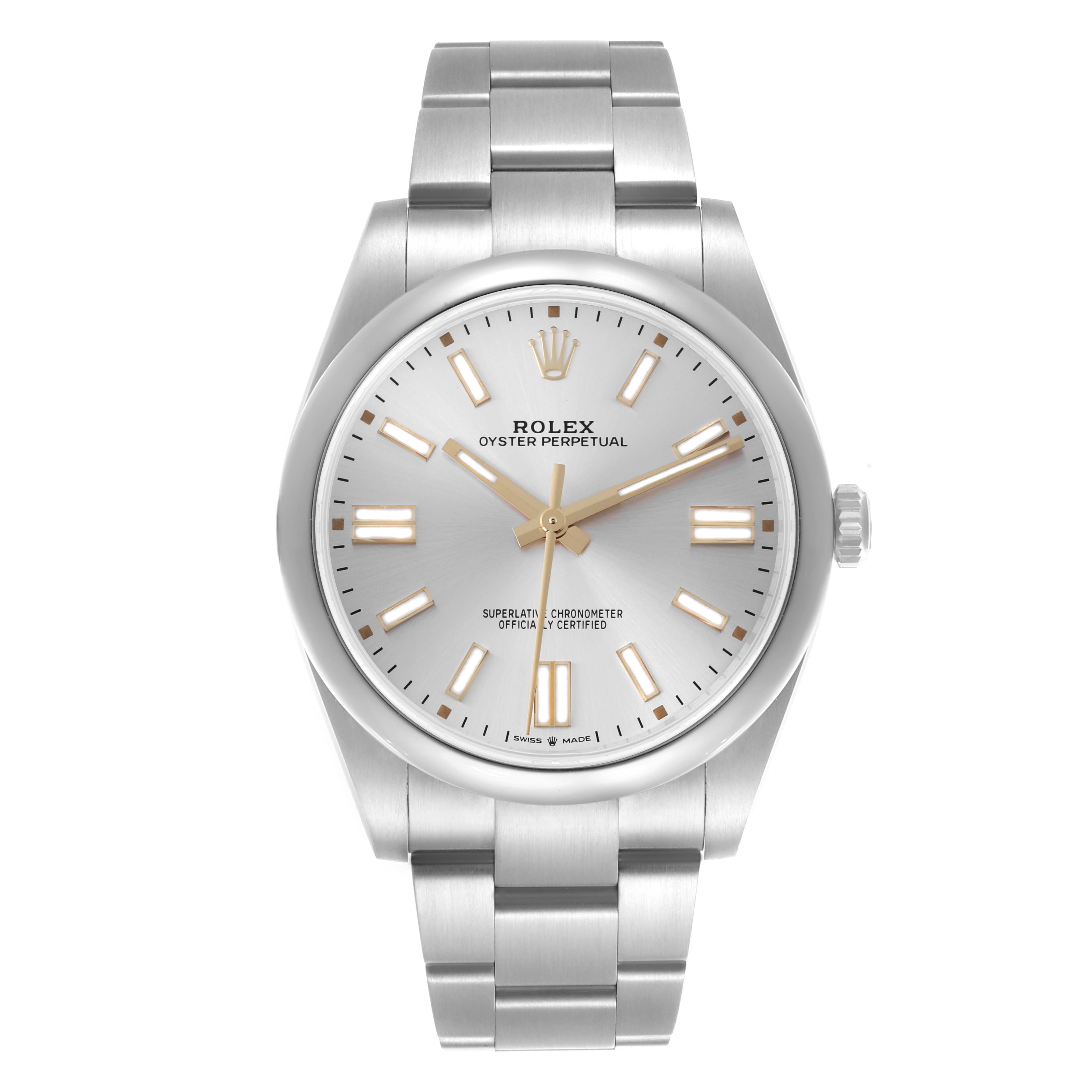 The Rolex Oyster Perpetual 124300 Men's Stainless Steel Silver Dial 124300 Men's Stainless Steel Silver Dial watch is shown from the front, displaying the dial, bezel, and part of the bracelet clearly.