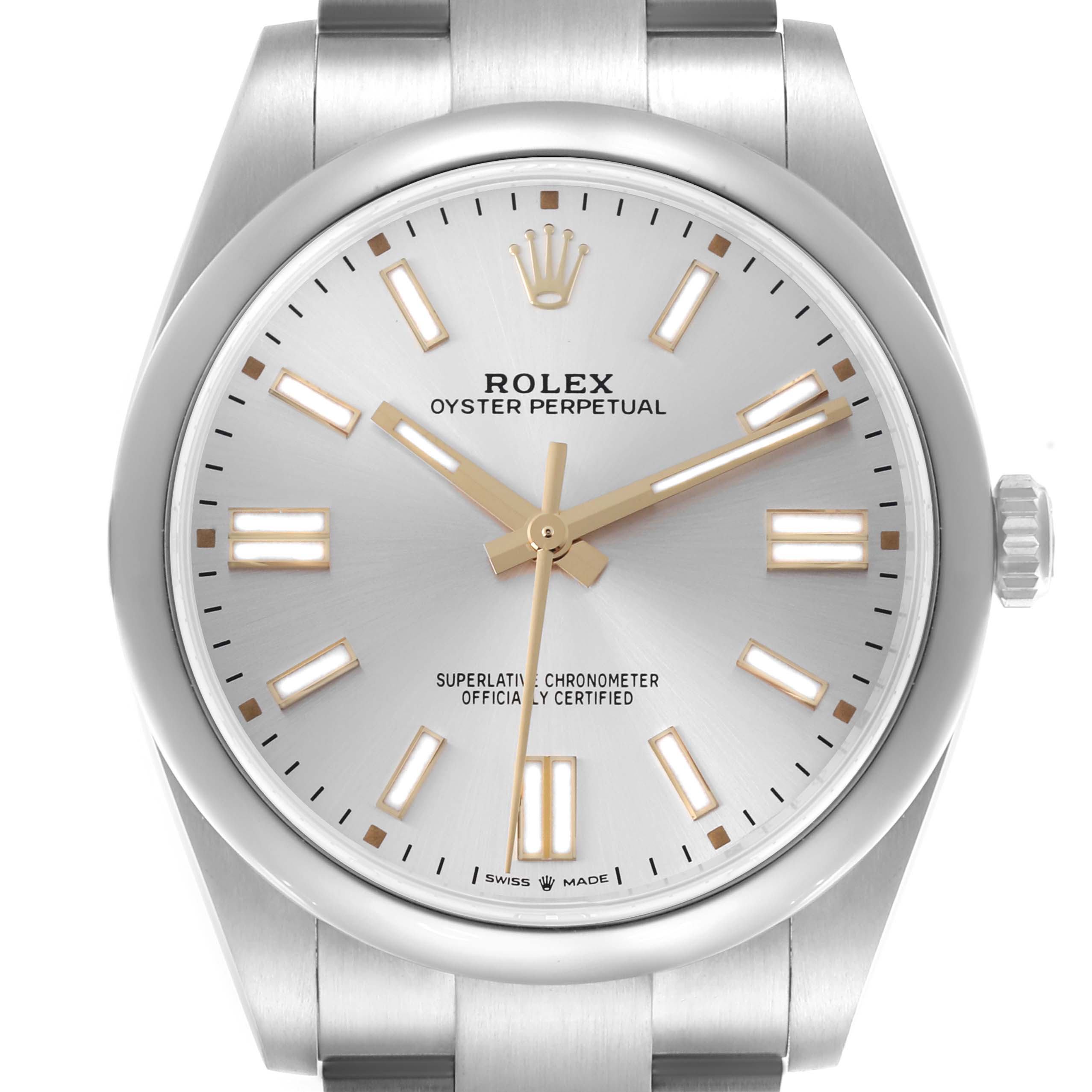The Rolex Oyster Perpetual 124300 Men's Stainless Steel Silver Dial 124300 Men's Stainless Steel Silver Dial watch is shown from a direct front angle, highlighting the dial, hands, markers, and part of the bracelet.