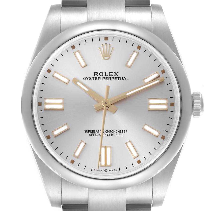 The Rolex Oyster Perpetual watch is shown from a direct front angle, highlighting the dial, hands, markers, and part of the bracelet.