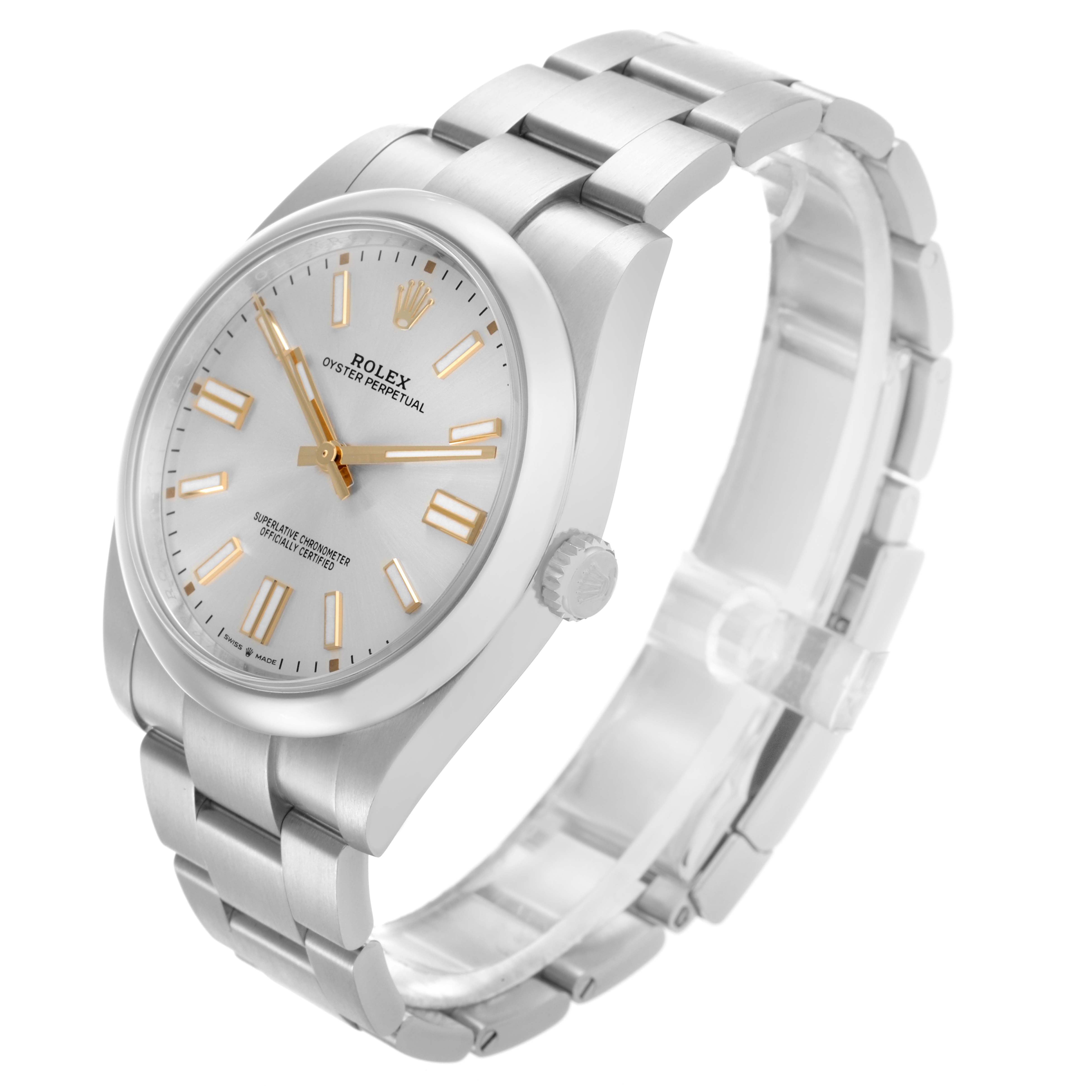 The Rolex Oyster Perpetual 124300 Men's Stainless Steel Silver Dial 124300 Men's Stainless Steel Silver Dial watch is shown at a three-quarter angle, highlighting the face, bezel, crown, and bracelet.