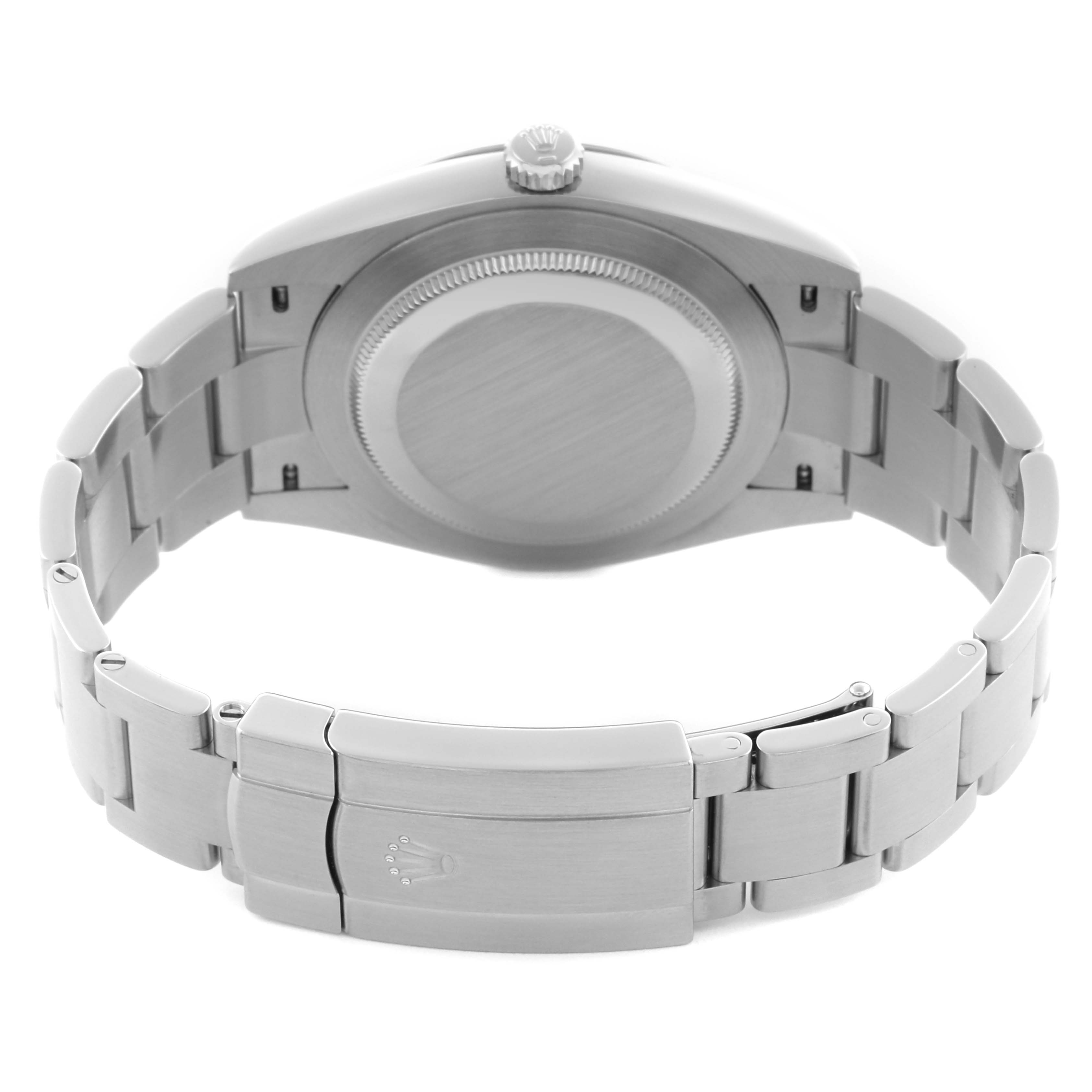 The image shows the back view of a Rolex Oyster Perpetual 124300 Men's Stainless Steel Silver Dial 124300 Men's Stainless Steel Silver Dial watch, highlighting the bracelet, clasp, and case back.