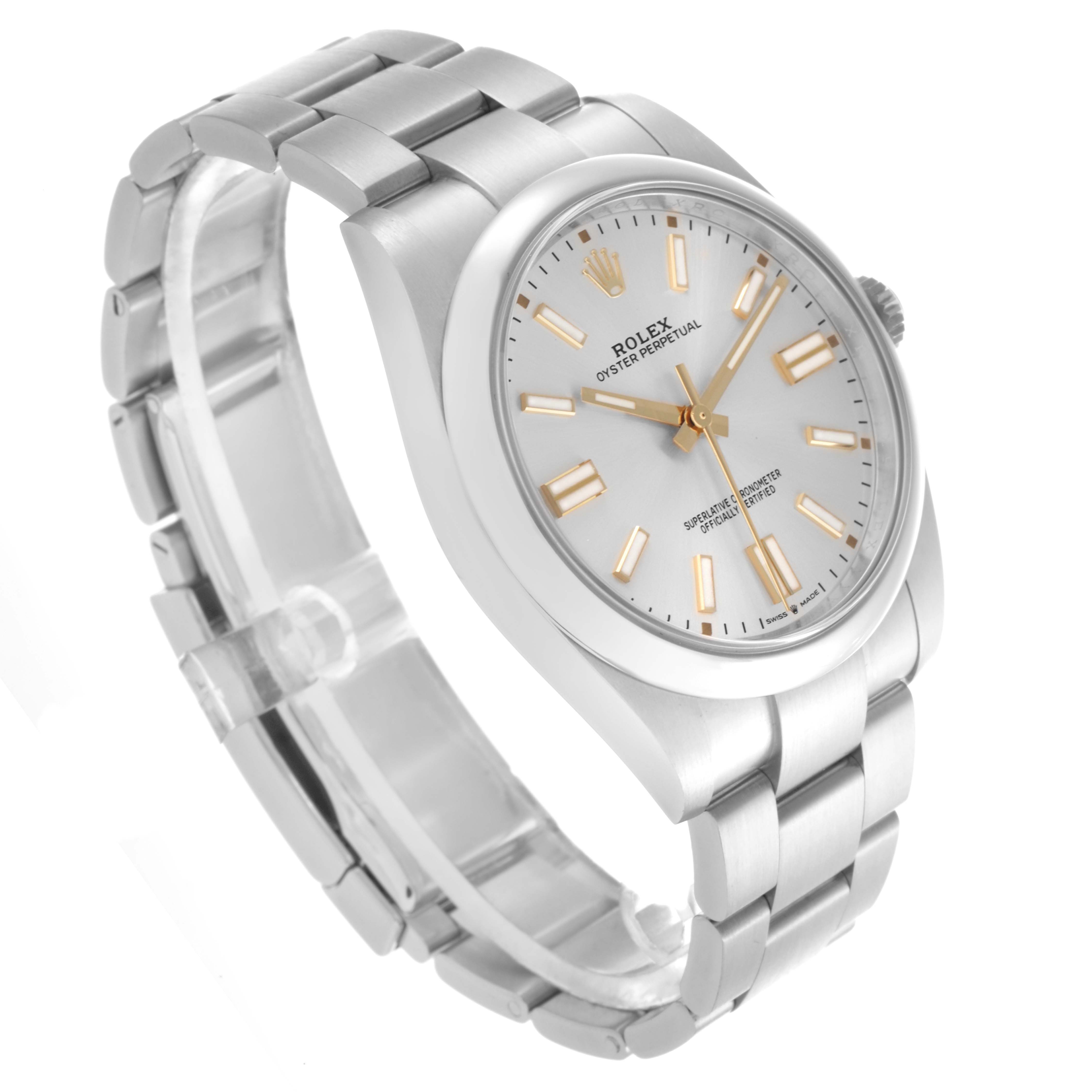 The Rolex Oyster Perpetual 124300 Men's Stainless Steel Silver Dial 124300 Men's Stainless Steel Silver Dial watch is shown at a three-quarter angle, highlighting the face, case, and bracelet.