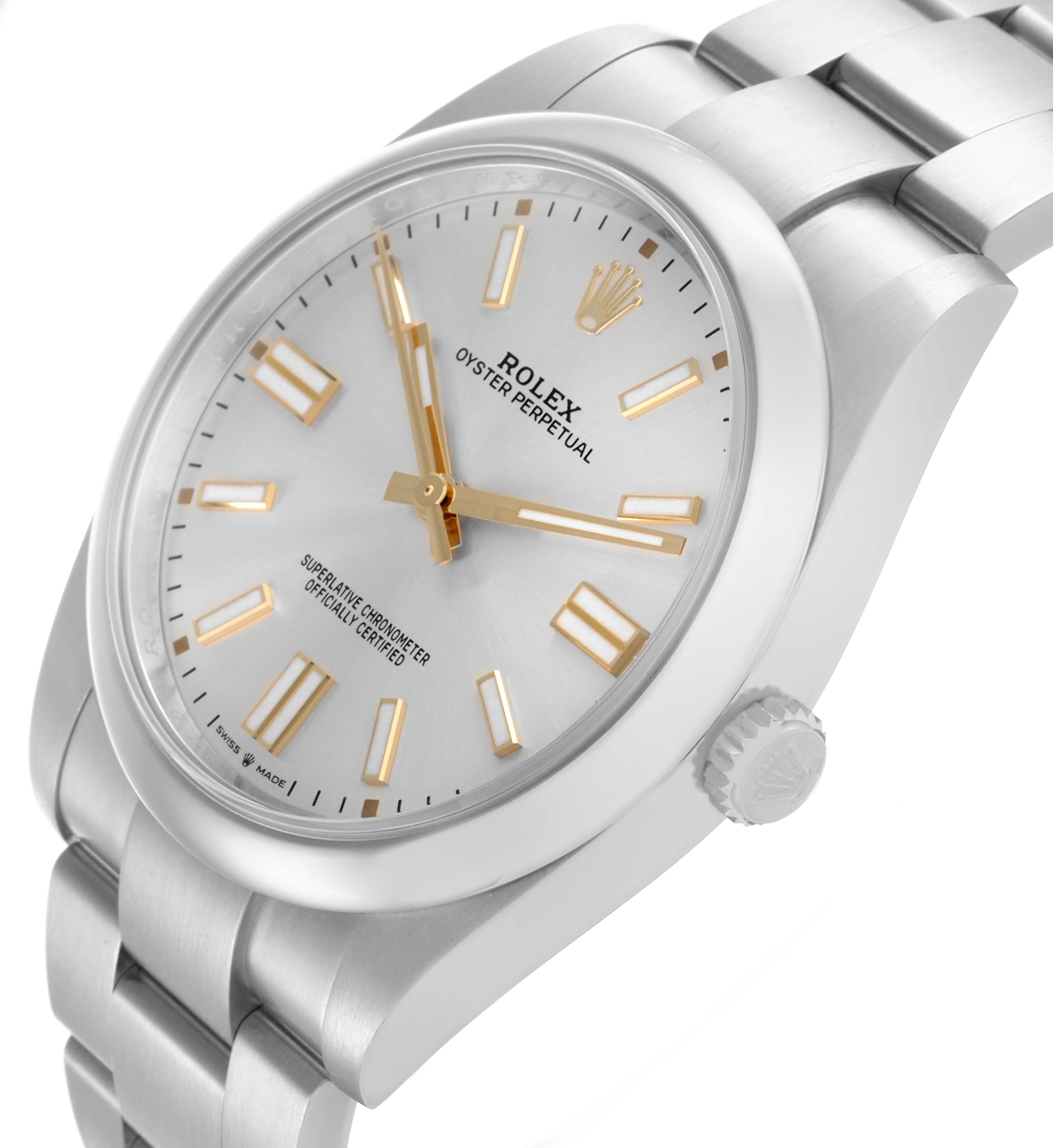 The Rolex Oyster Perpetual 124300 Men's Stainless Steel Silver Dial 124300 Men's Stainless Steel Silver Dial watch is shown at a three-quarter angle, highlighting the face, bezel, bracelet, and crown.