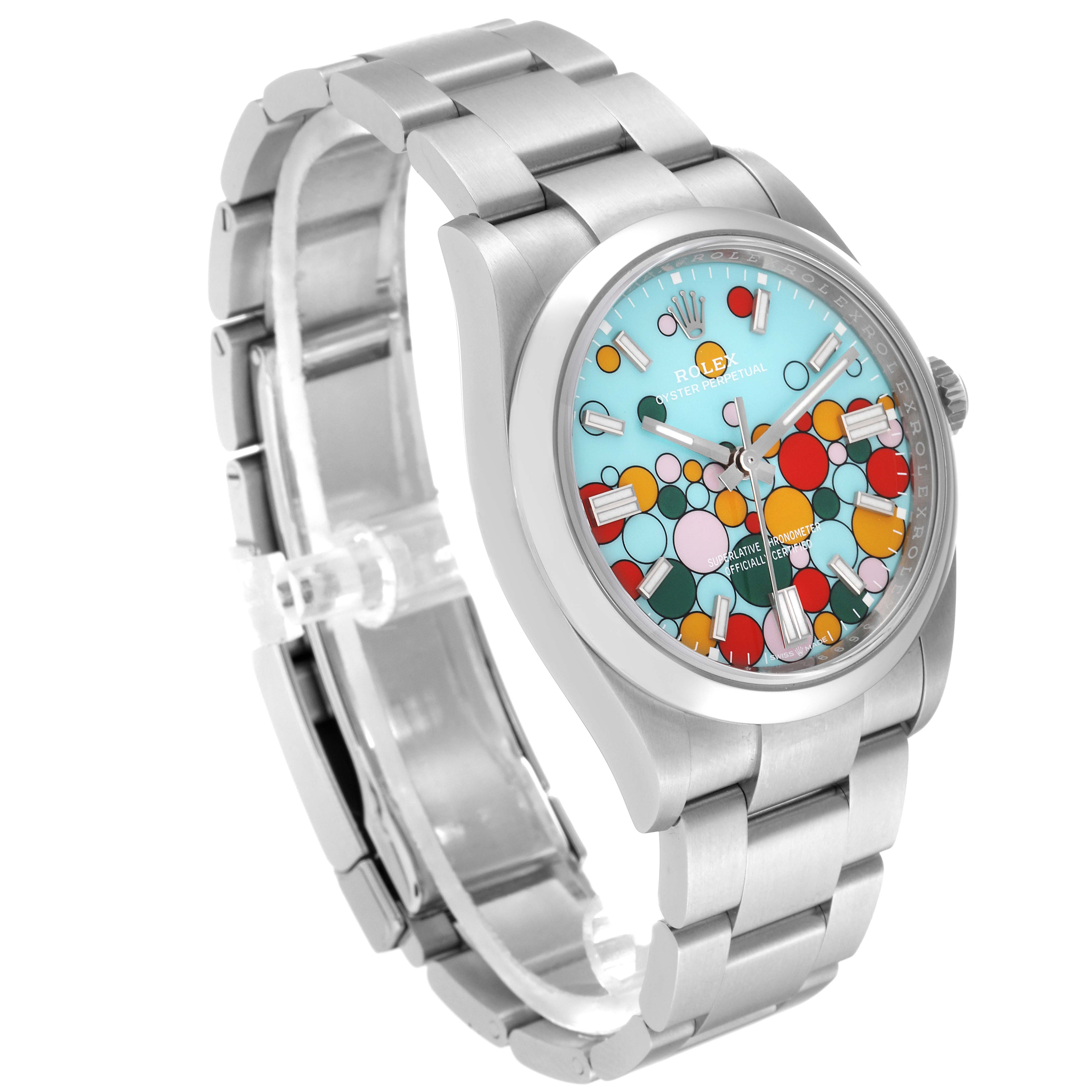 The Rolex Oyster Perpetual 126000 Men
s Stainless Steel Blue Dial 126000 Men
s Stainless Steel Blue Dial watch is shown at a slight angle, highlighting its uniquely patterned dial and metal bracelet.