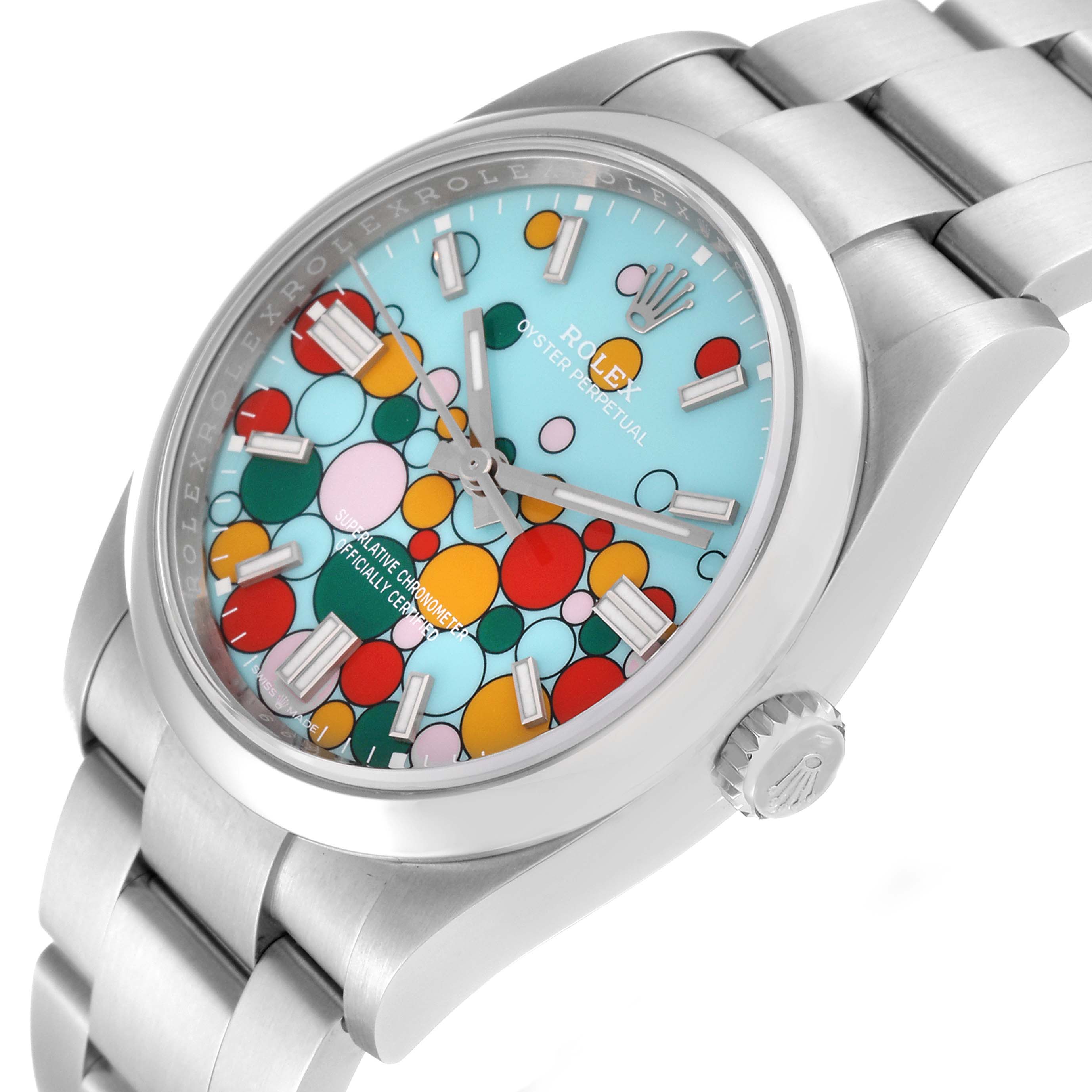 This Rolex Oyster Perpetual 126000 Men
s Stainless Steel Blue Dial 126000 Men
s Stainless Steel Blue Dial watch is shown at an angled side view, highlighting its colorful dial and stainless steel bracelet.