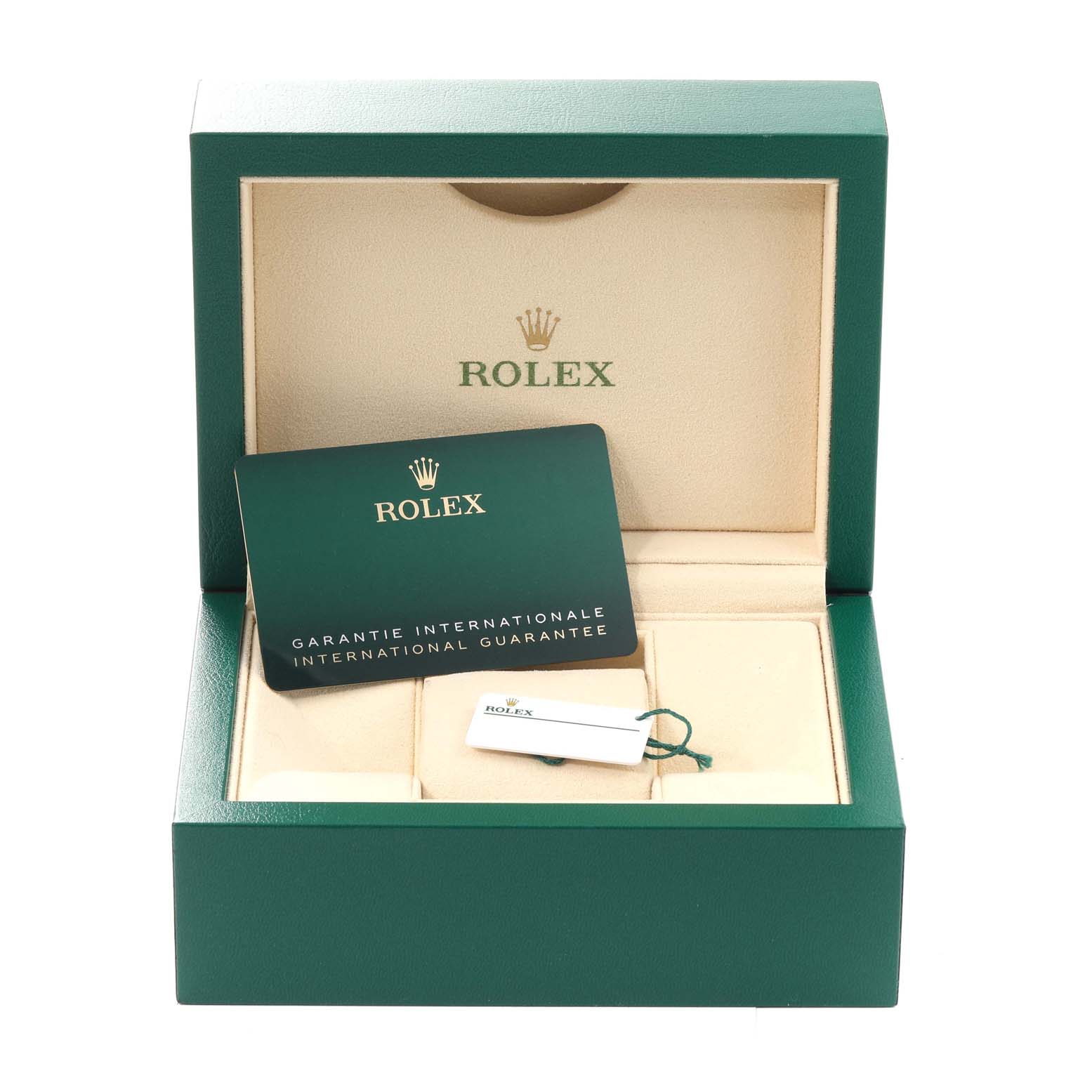The image shows an empty Rolex Oyster Perpetual 126000 Men
s Stainless Steel Blue Dial 126000 Men
s Stainless Steel Blue Dial watch box with a guarantee card and a tag.