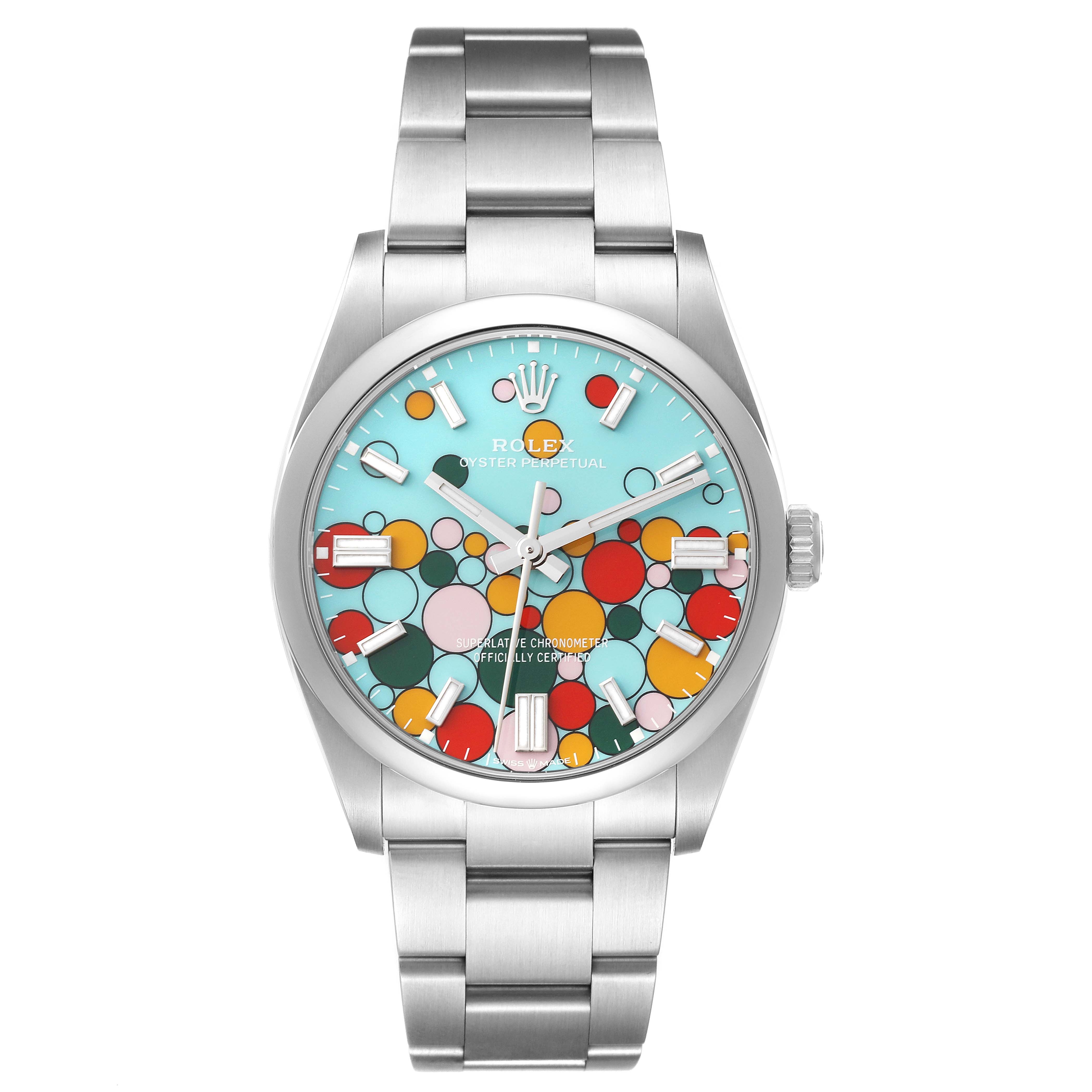 The Rolex Oyster Perpetual 126000 Men
s Stainless Steel Blue Dial 126000 Men
s Stainless Steel Blue Dial watch is shown from the front, highlighting its colorful dial and stainless steel bracelet.