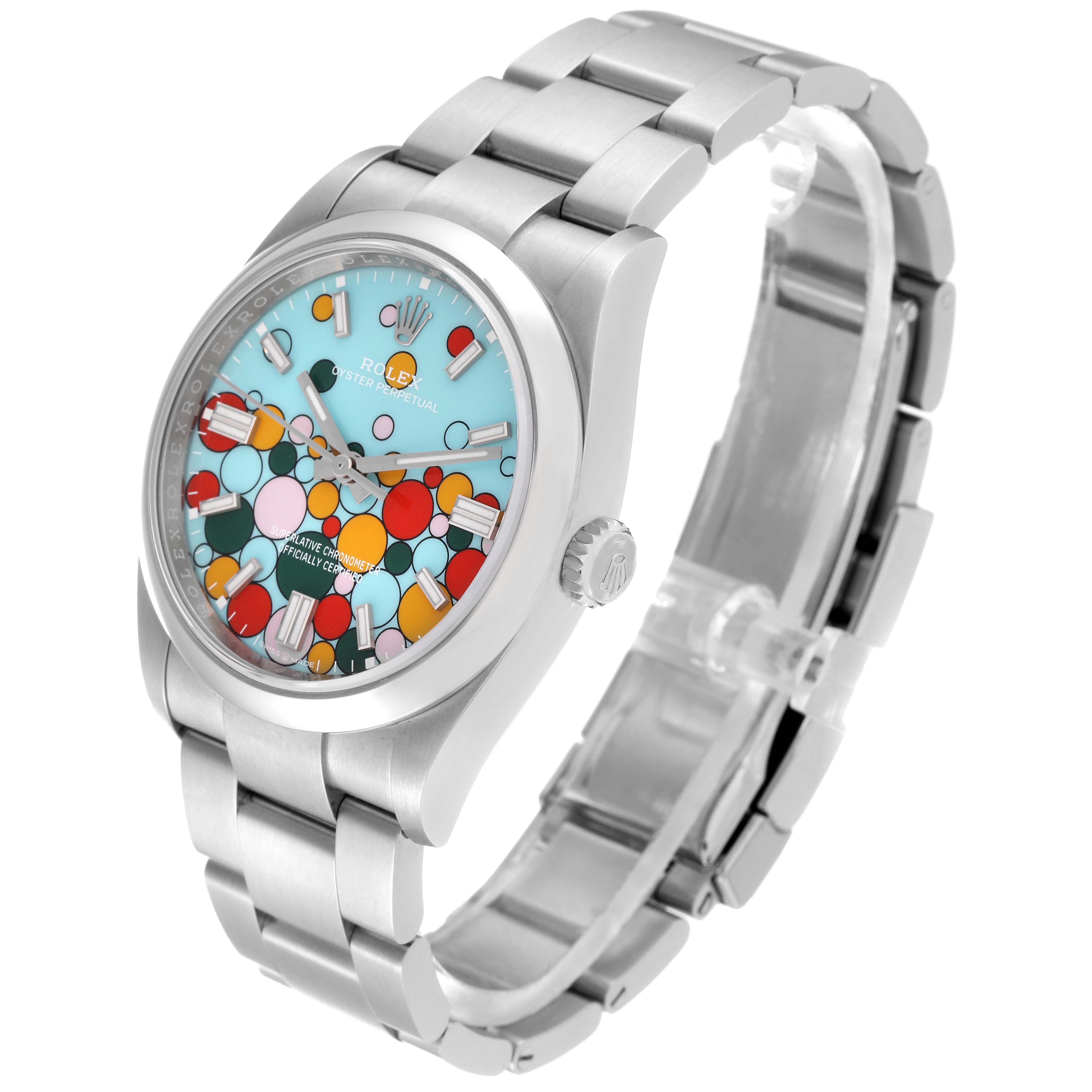 This image shows a side angle of a Rolex Oyster Perpetual 126000 Men
s Stainless Steel Blue Dial 126000 Men
s Stainless Steel Blue Dial watch, including the face, dial, crown, and bracelet.