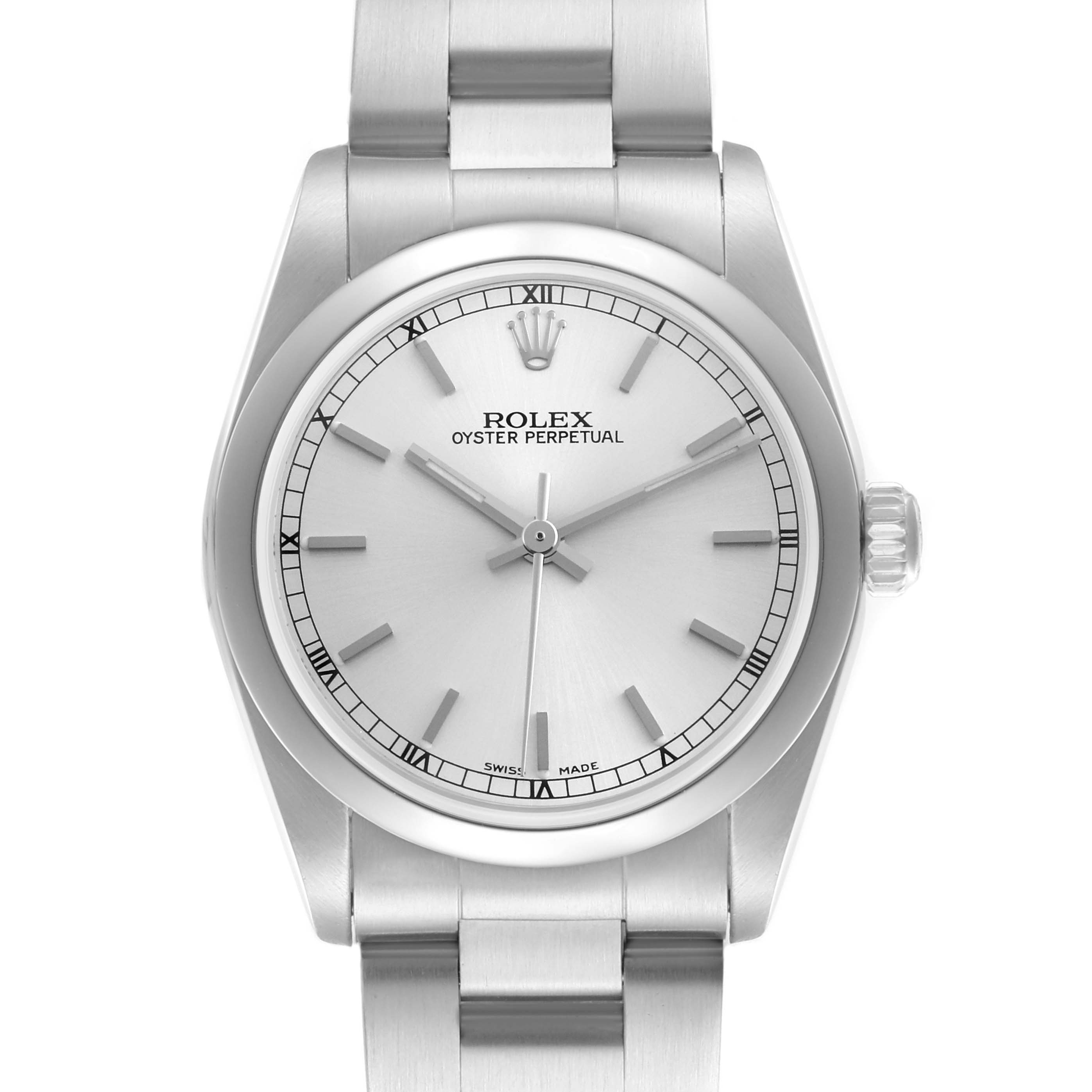 The image shows the Rolex Mid-Size 77080 Women's Stainless Steel Silver Dial 77080 Women's Stainless Steel Silver Dial Oyster Perpetual watch from a front angle, displaying its dial, bezel, and bracelet.