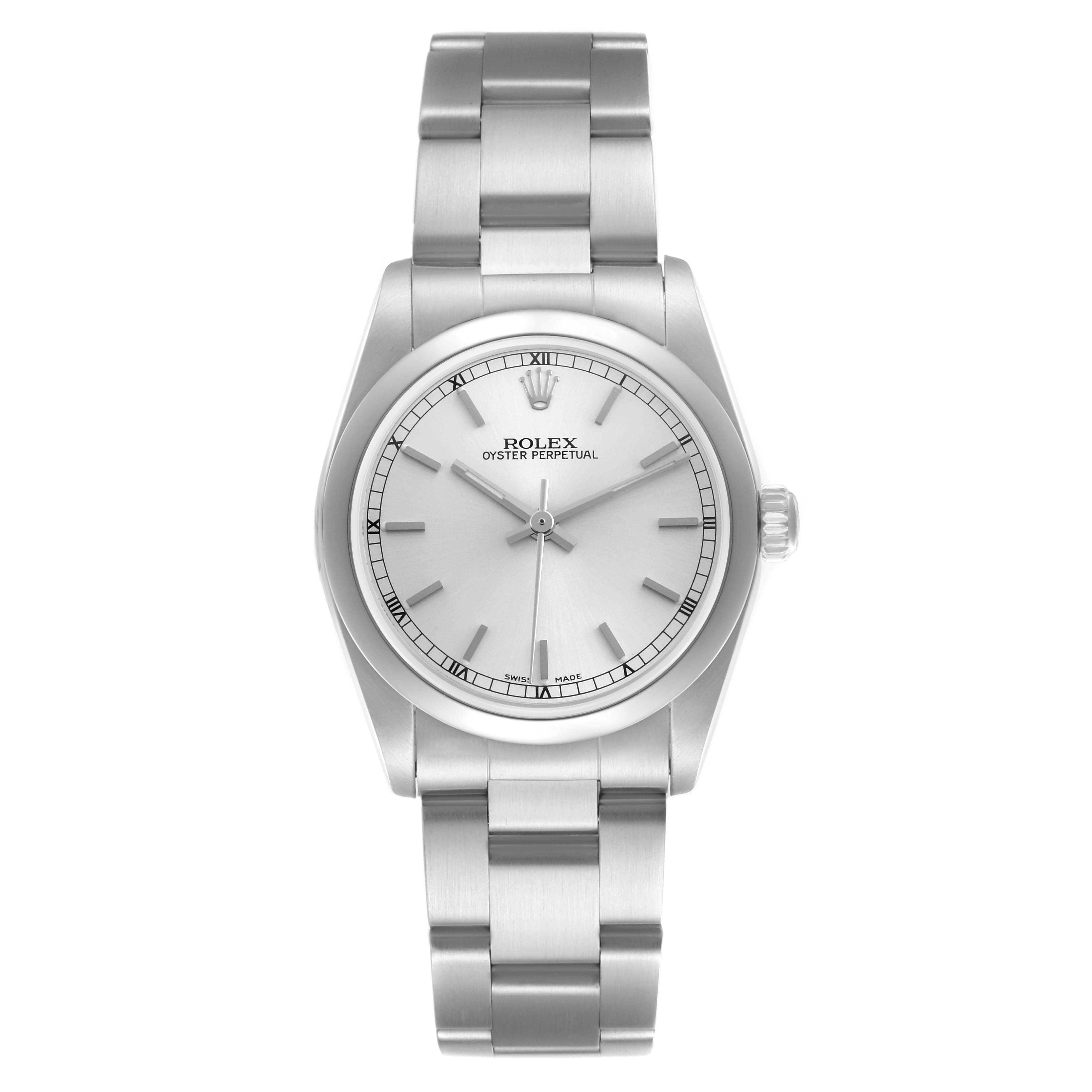 The Rolex Mid-Size 77080 Women's Stainless Steel Silver Dial 77080 Women's Stainless Steel Silver Dial watch is shown from a front angle, displaying the dial, bezel, and bracelet links.