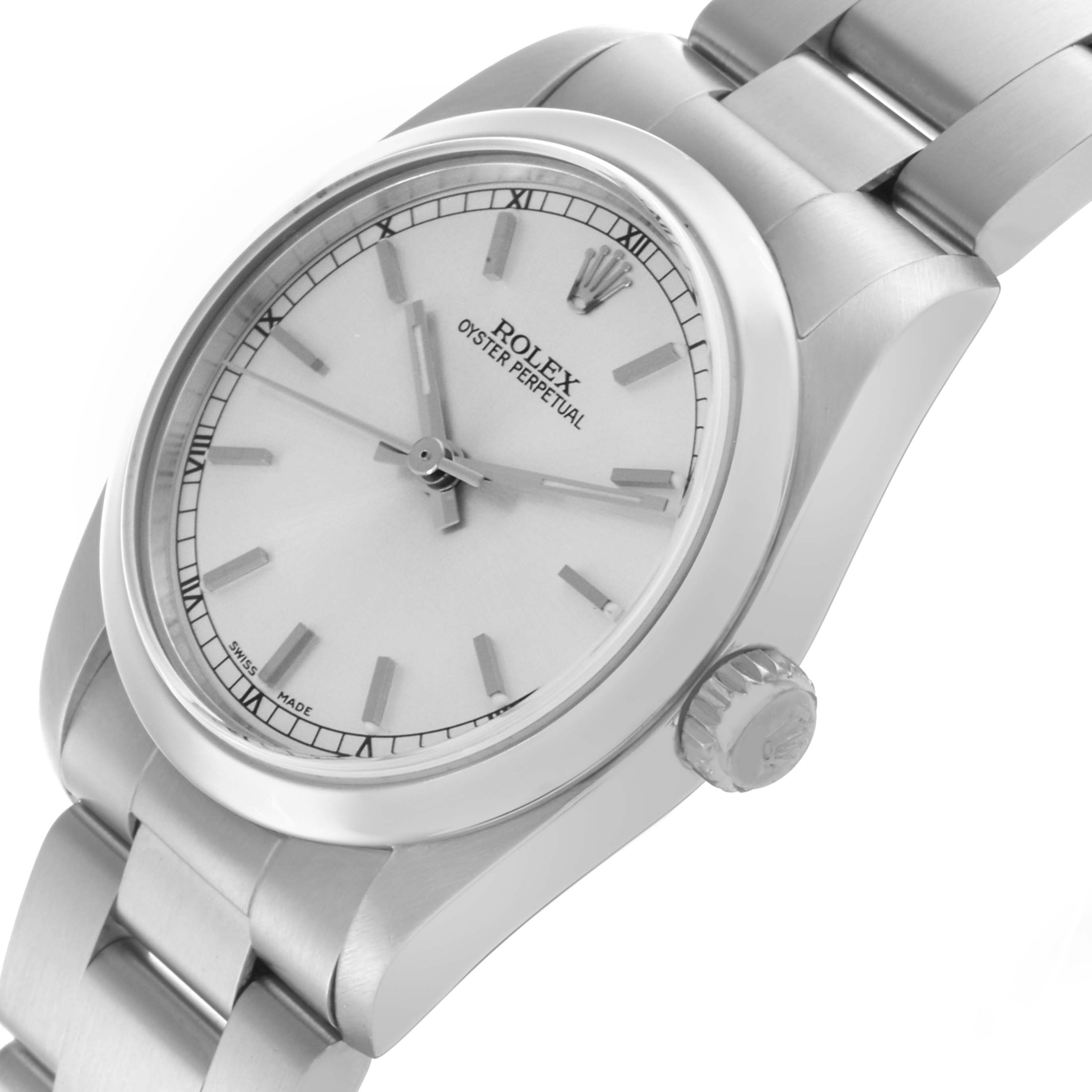 The Rolex Mid-Size 77080 Women's Stainless Steel Silver Dial 77080 Women's Stainless Steel Silver Dial model watch is shown from a three-quarter angle, highlighting the face, bezel, crown, and bracelet.