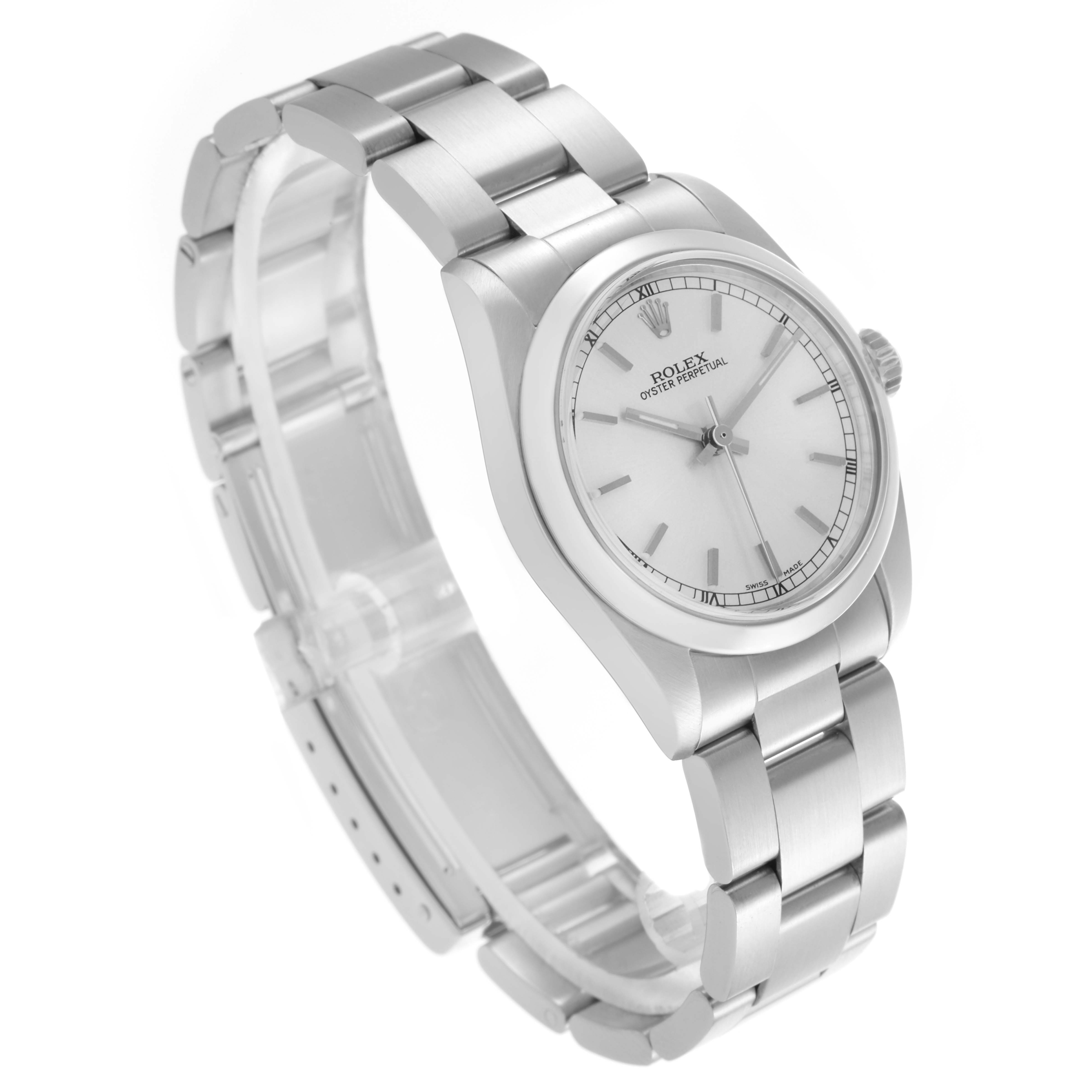 The Rolex Mid-Size 77080 Women's Stainless Steel Silver Dial 77080 Women's Stainless Steel Silver Dial watch is shown at an angled view, highlighting its silver bracelet, case, and dial.