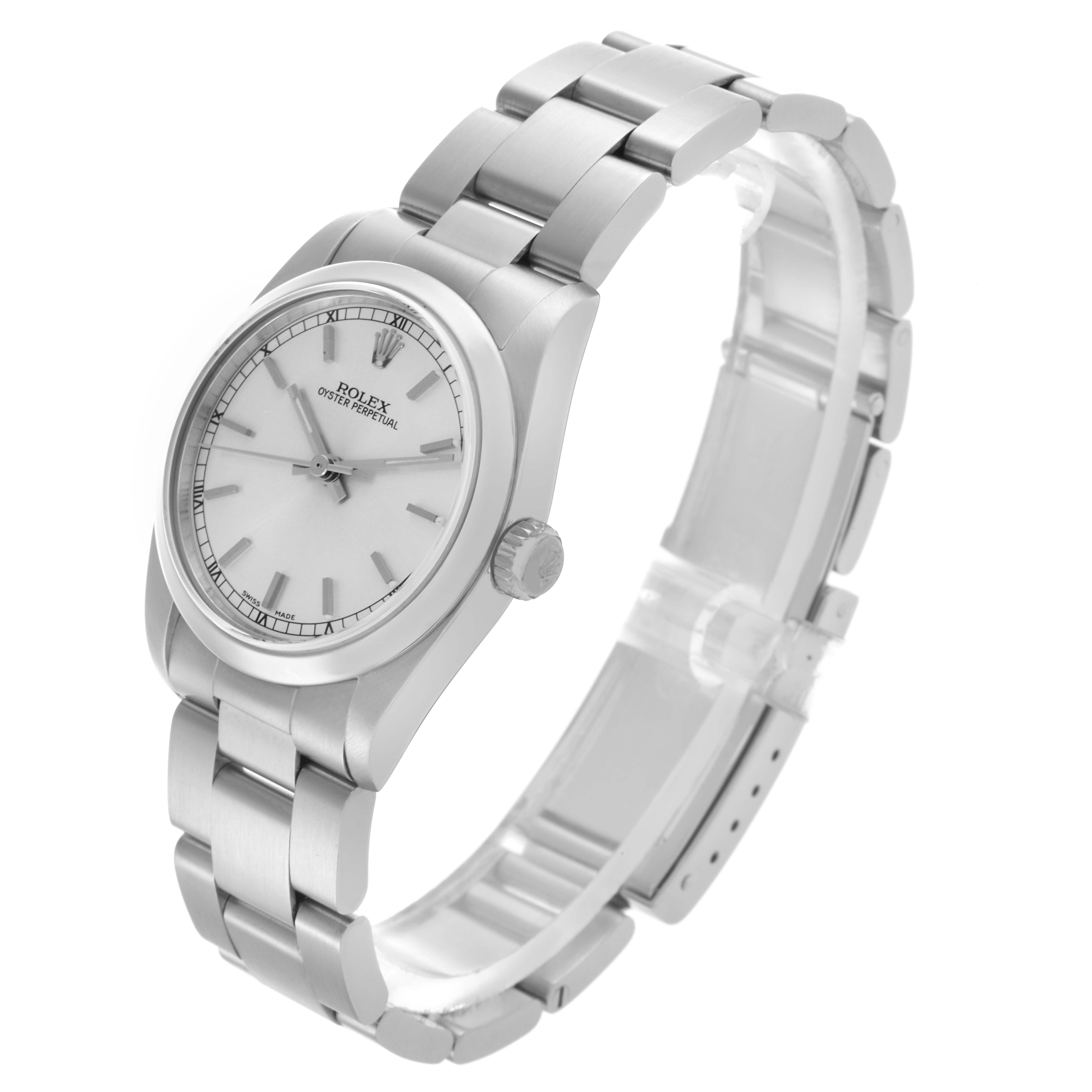 The image shows a Rolex Mid-Size 77080 Women's Stainless Steel Silver Dial 77080 Women's Stainless Steel Silver Dial watch from an angled side view, displaying the face, crown, and bracelet.