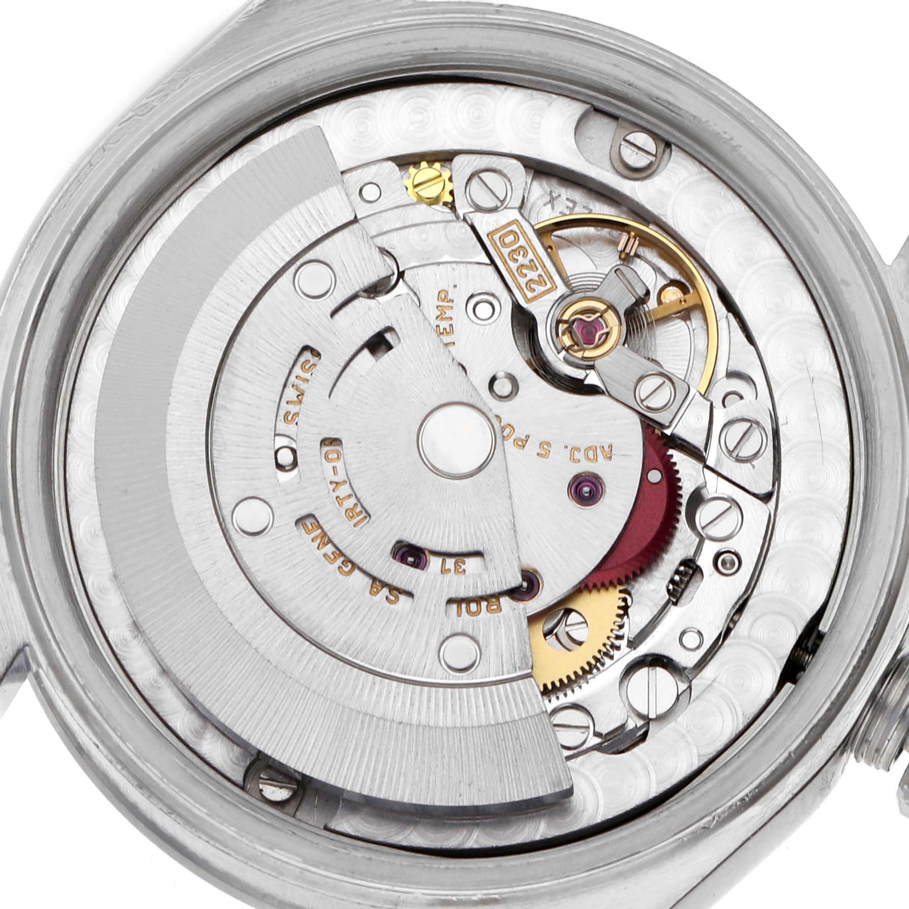 The image shows the internal movement of a Rolex Mid-Size 77080 Women's Stainless Steel Silver Dial 77080 Women's Stainless Steel Silver Dial watch, viewed from the back, highlighting gears and components.