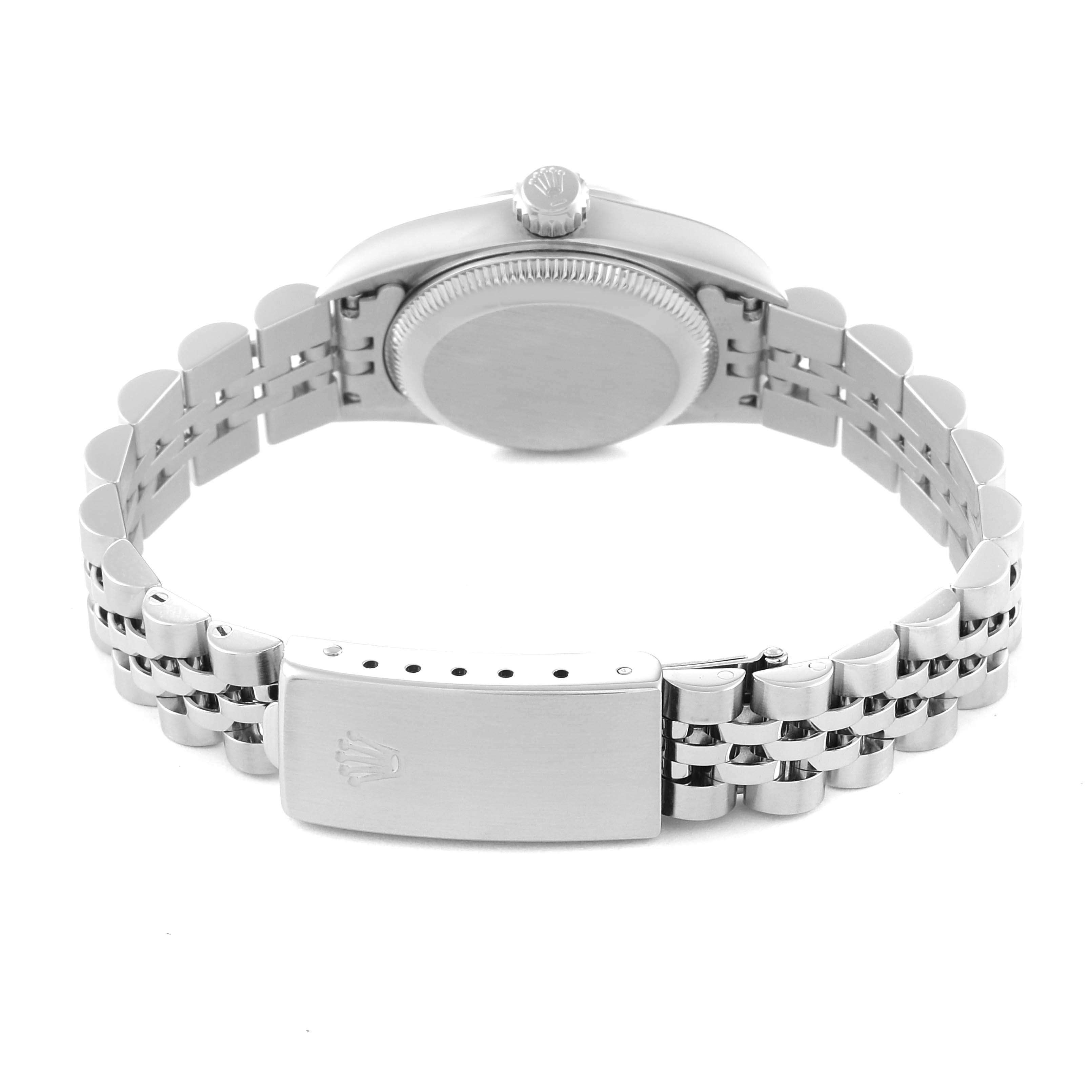 This image shows the back of a Rolex Oyster Perpetual 67180 Women's Stainless Steel Blue Dial 67180 Women's Stainless Steel Blue Dial watch, highlighting its bracelet, clasp, and caseback.