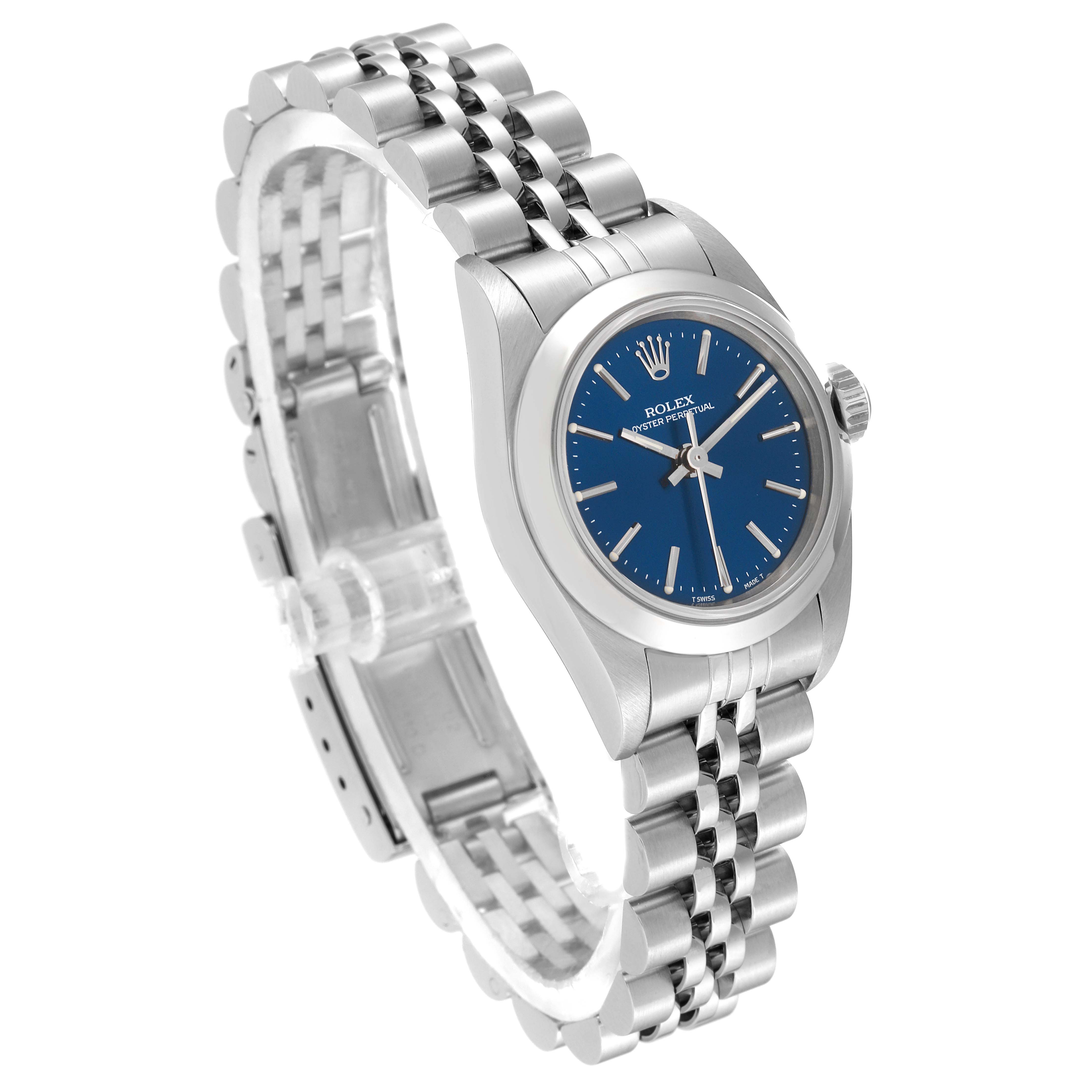 The image shows a Rolex Oyster Perpetual 67180 Women's Stainless Steel Blue Dial 67180 Women's Stainless Steel Blue Dial watch at a three-quarter angle, highlighting its blue dial and metal bracelet.