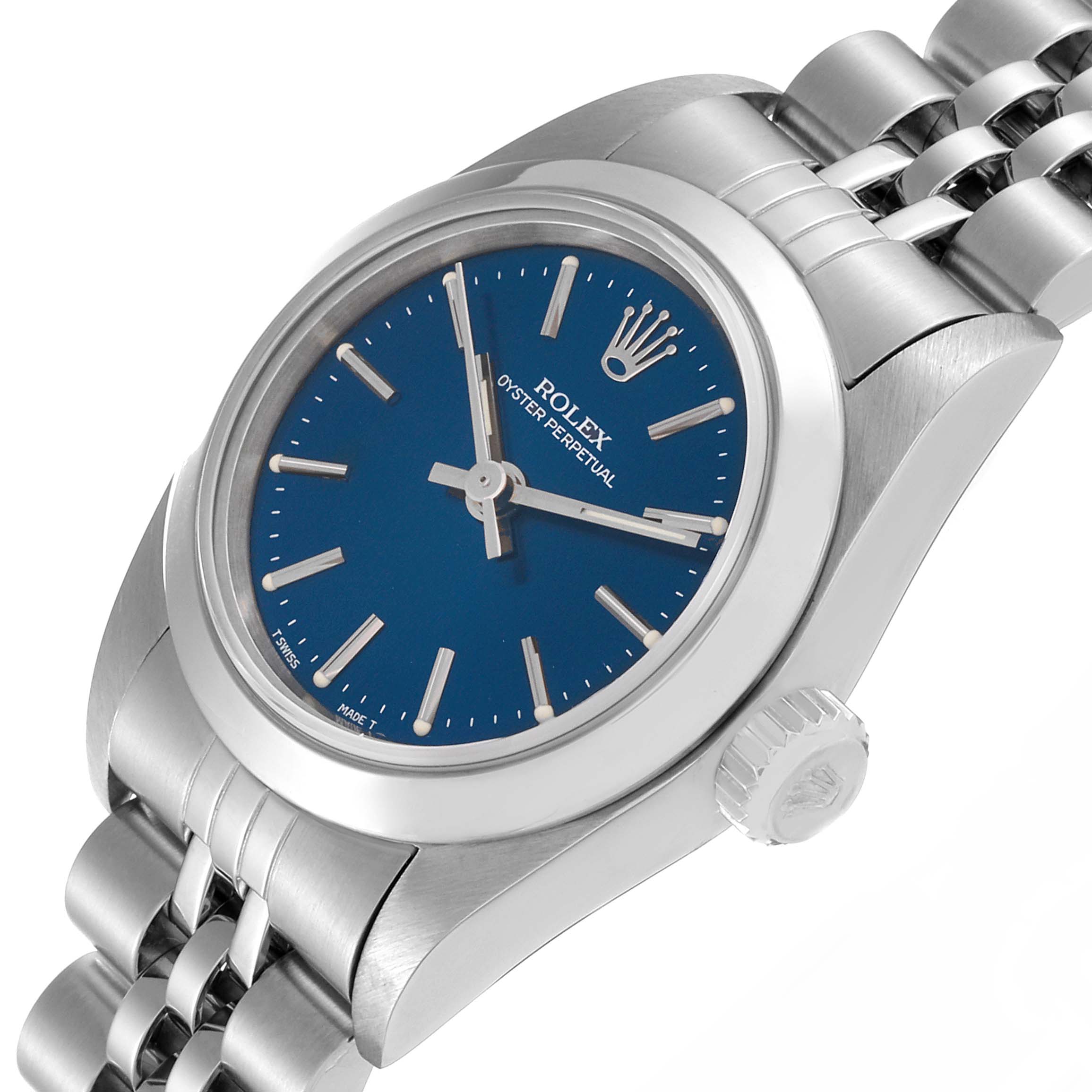 The image shows a Rolex Oyster Perpetual 67180 Women's Stainless Steel Blue Dial 67180 Women's Stainless Steel Blue Dial watch from an angled top view, displaying its blue dial, crown, and stainless steel bracelet.