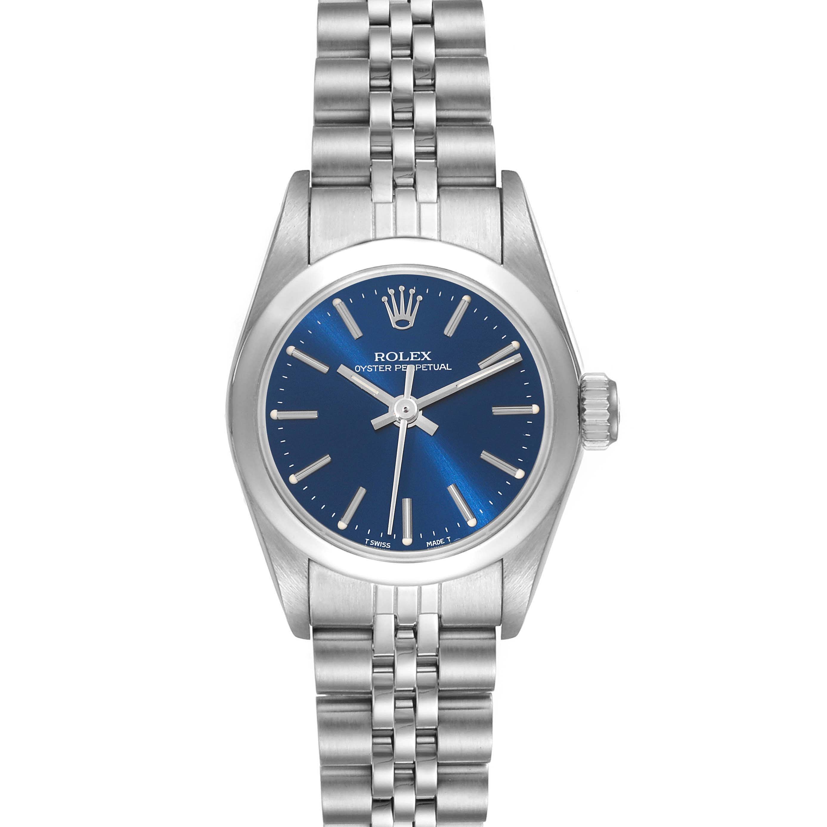This image shows the face and bracelet of a Rolex Oyster Perpetual 67180 Women's Stainless Steel Blue Dial 67180 Women's Stainless Steel Blue Dial watch from a straight-on angle.