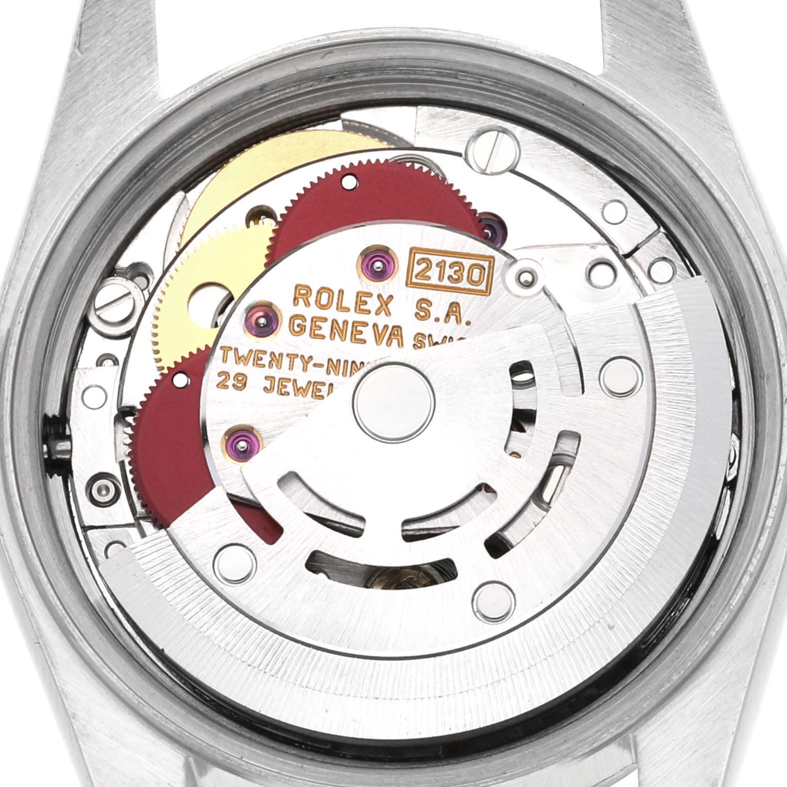 The image shows the movement mechanism of a Rolex Oyster Perpetual 67180 Women's Stainless Steel Blue Dial 67180 Women's Stainless Steel Blue Dial watch, viewed from the back.