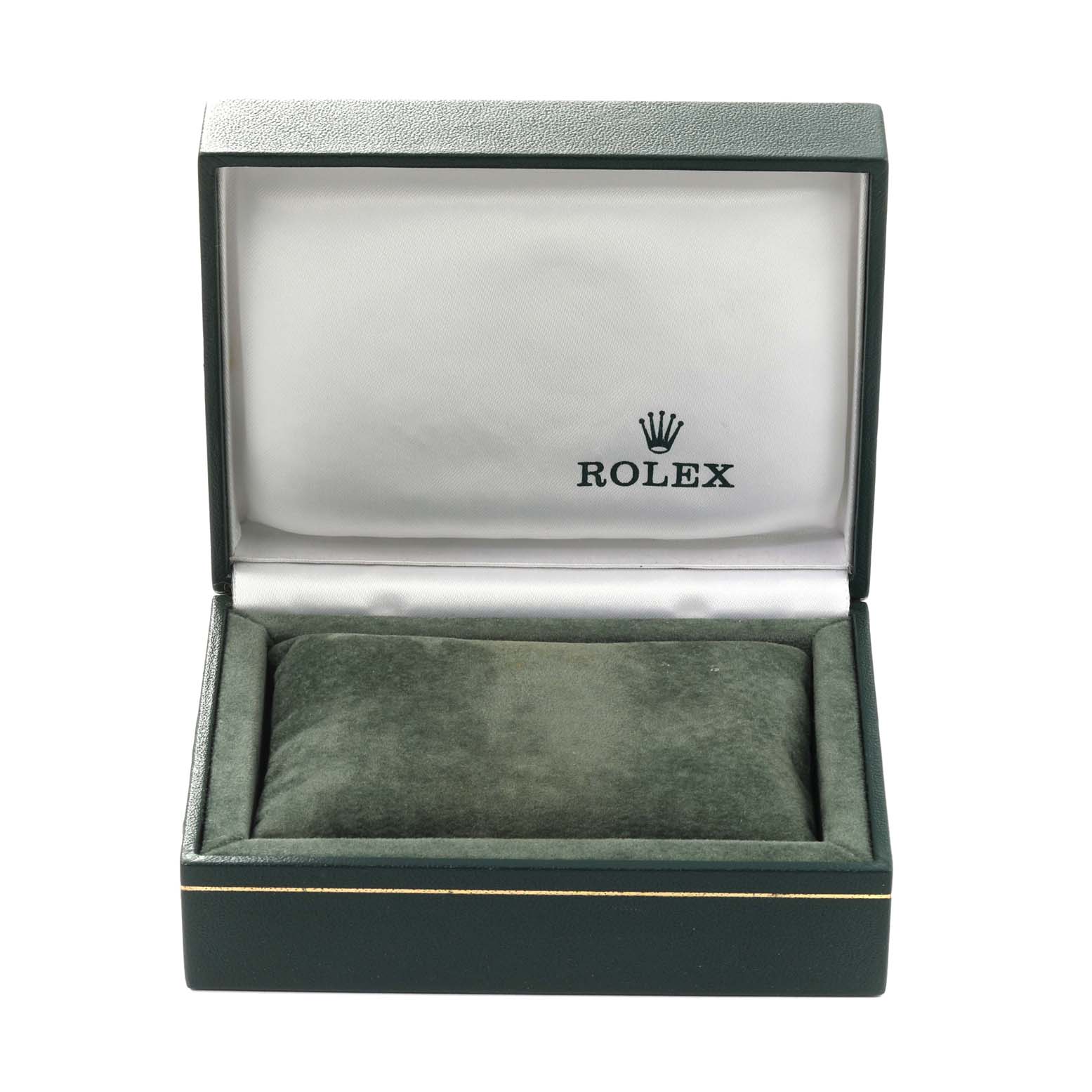 The image shows an open box for a Rolex Oyster Perpetual 67180 Women's Stainless Steel Pink Dial 67180 Women's Stainless Steel Pink Dial watch with the brand logo and cushioning inside.