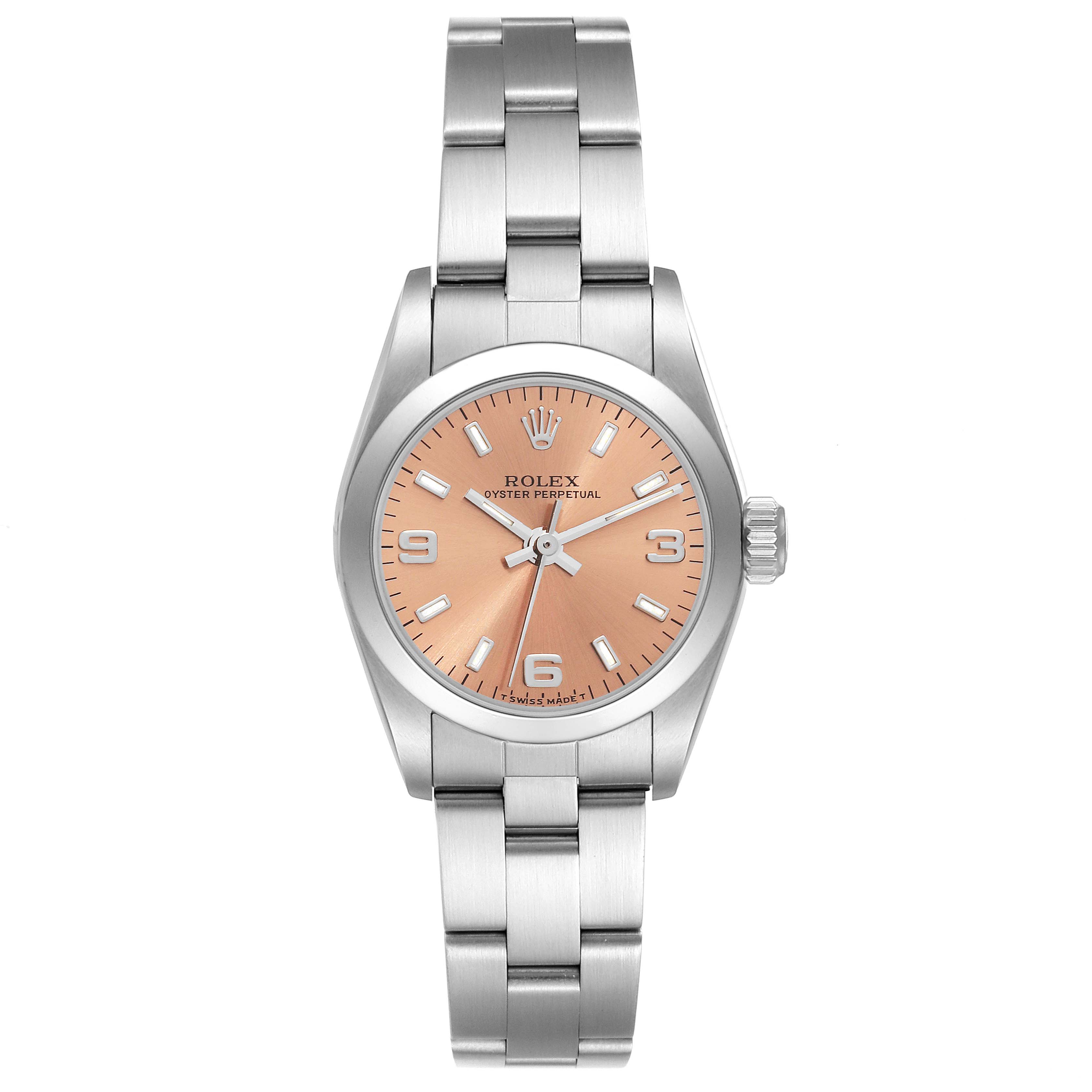 This image shows a frontal view of a Rolex Oyster Perpetual 67180 Women's Stainless Steel Pink Dial 67180 Women's Stainless Steel Pink Dial watch, featuring the face, case, and bracelet band.