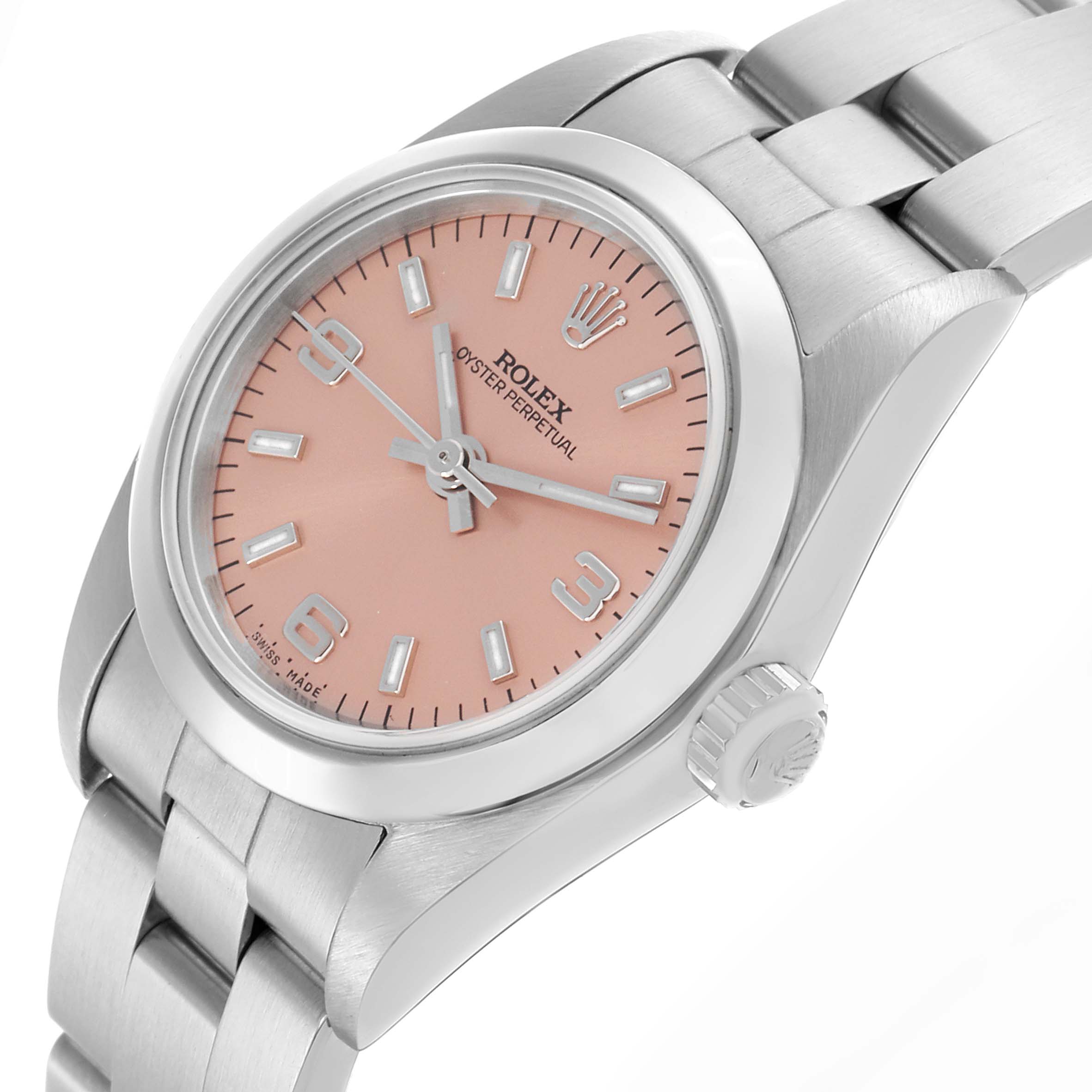 The Rolex Oyster Perpetual 76080 Women's Stainless Steel Pink Dial 76080 Women's Stainless Steel Pink Dial watch is shown at an angled close-up, displaying the dial, bezel, crown, and bracelet.