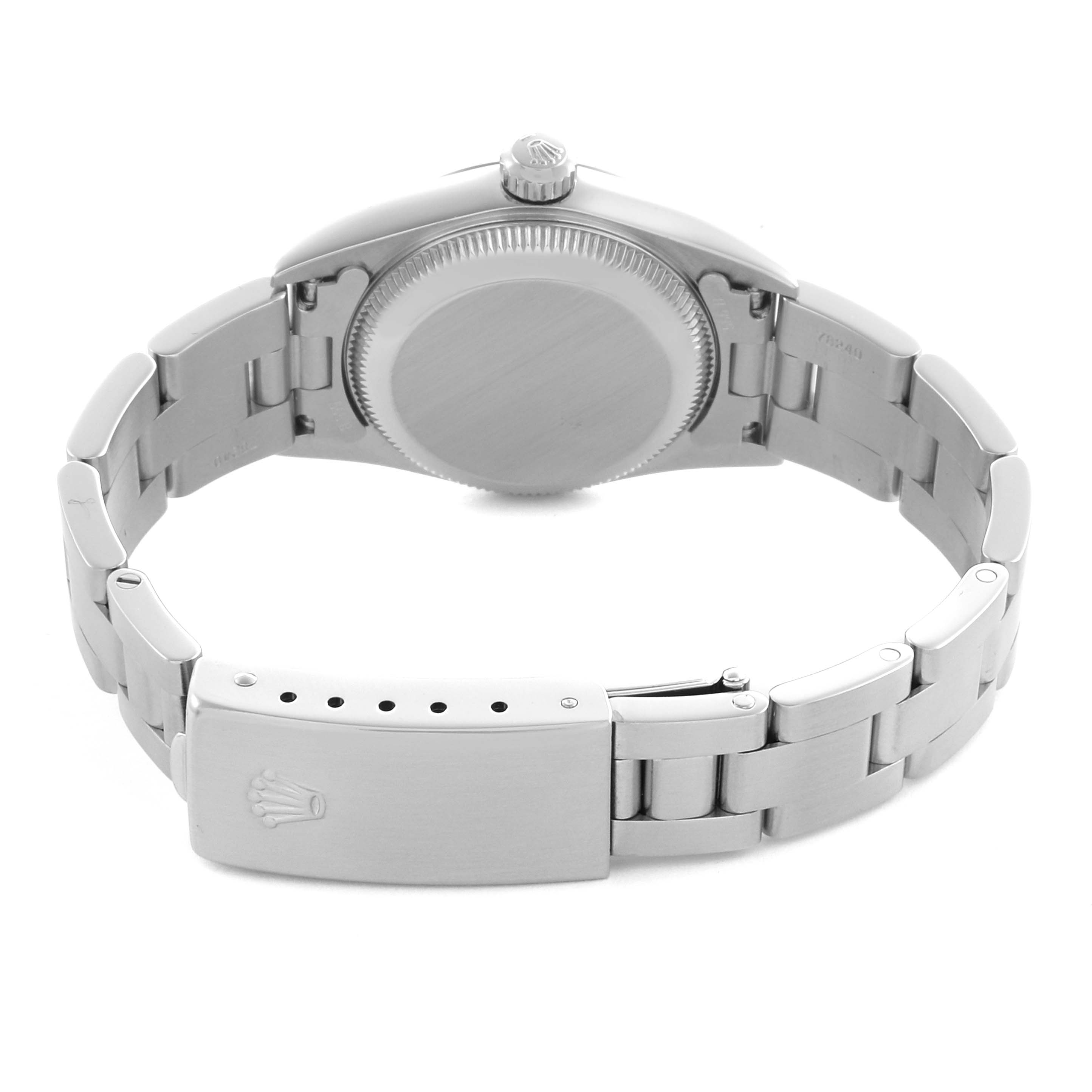 The image shows a rear view of a Rolex Oyster Perpetual 76080 Women's Stainless Steel Pink Dial 76080 Women's Stainless Steel Pink Dial watch, highlighting the case back, bracelet, and clasp with the Rolex logo.