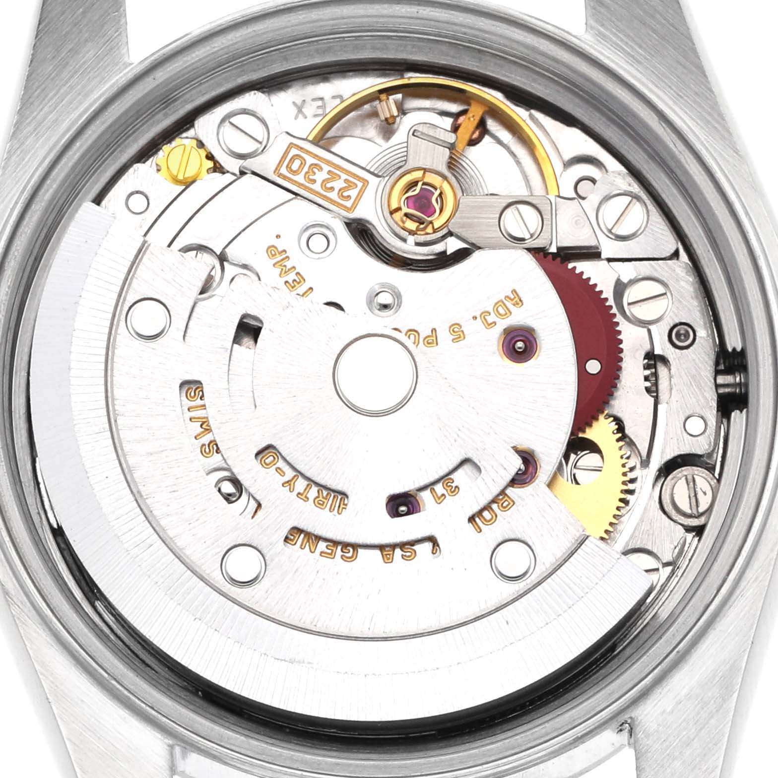 The image shows the movement of a Rolex Oyster Perpetual 76080 Women's Stainless Steel Pink Dial 76080 Women's Stainless Steel Pink Dial watch from a top-down angle, highlighting internal components.