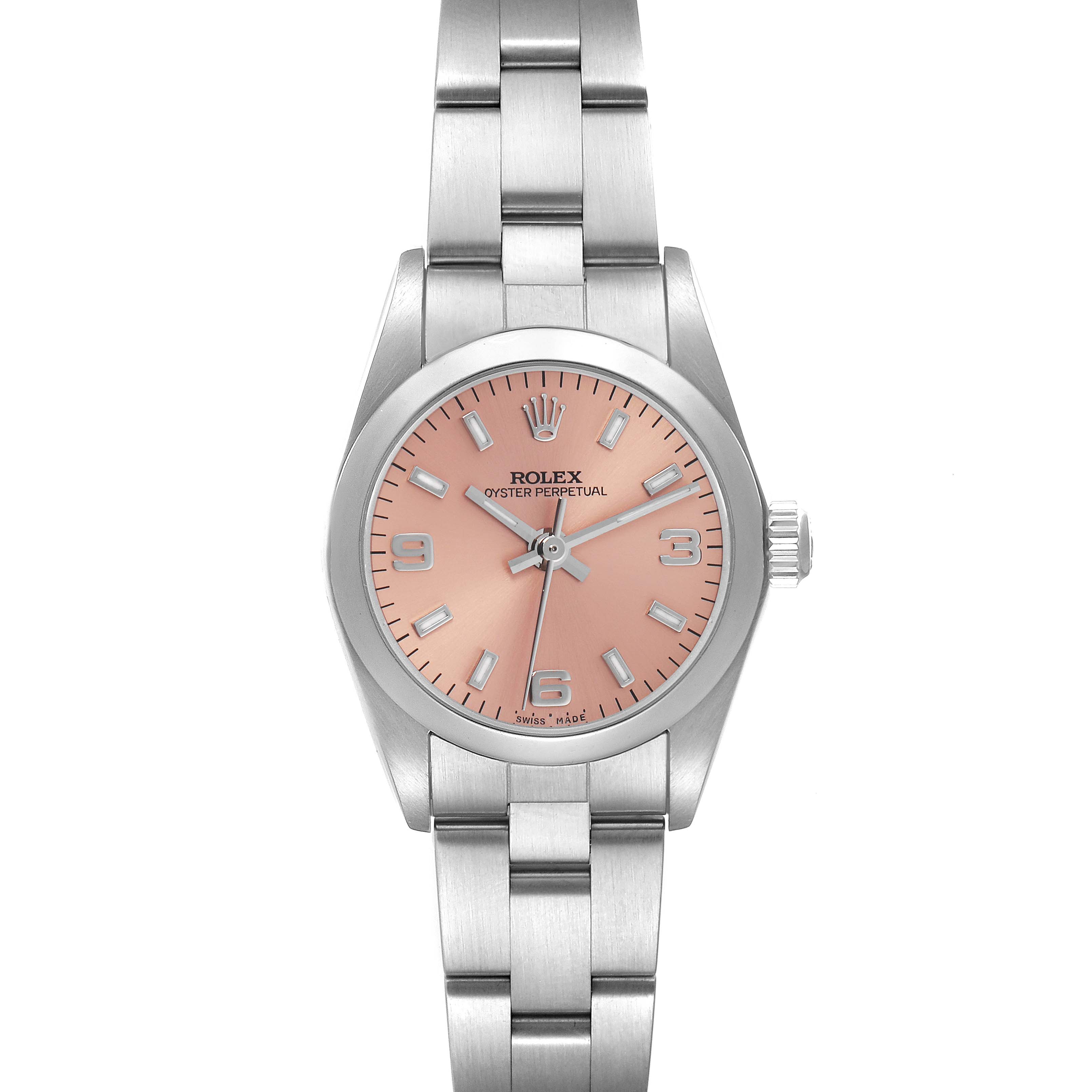 The Rolex Oyster Perpetual 76080 Women's Stainless Steel Pink Dial 76080 Women's Stainless Steel Pink Dial watch is shown from a top-down angle, highlighting the face, bezel, and bracelet.