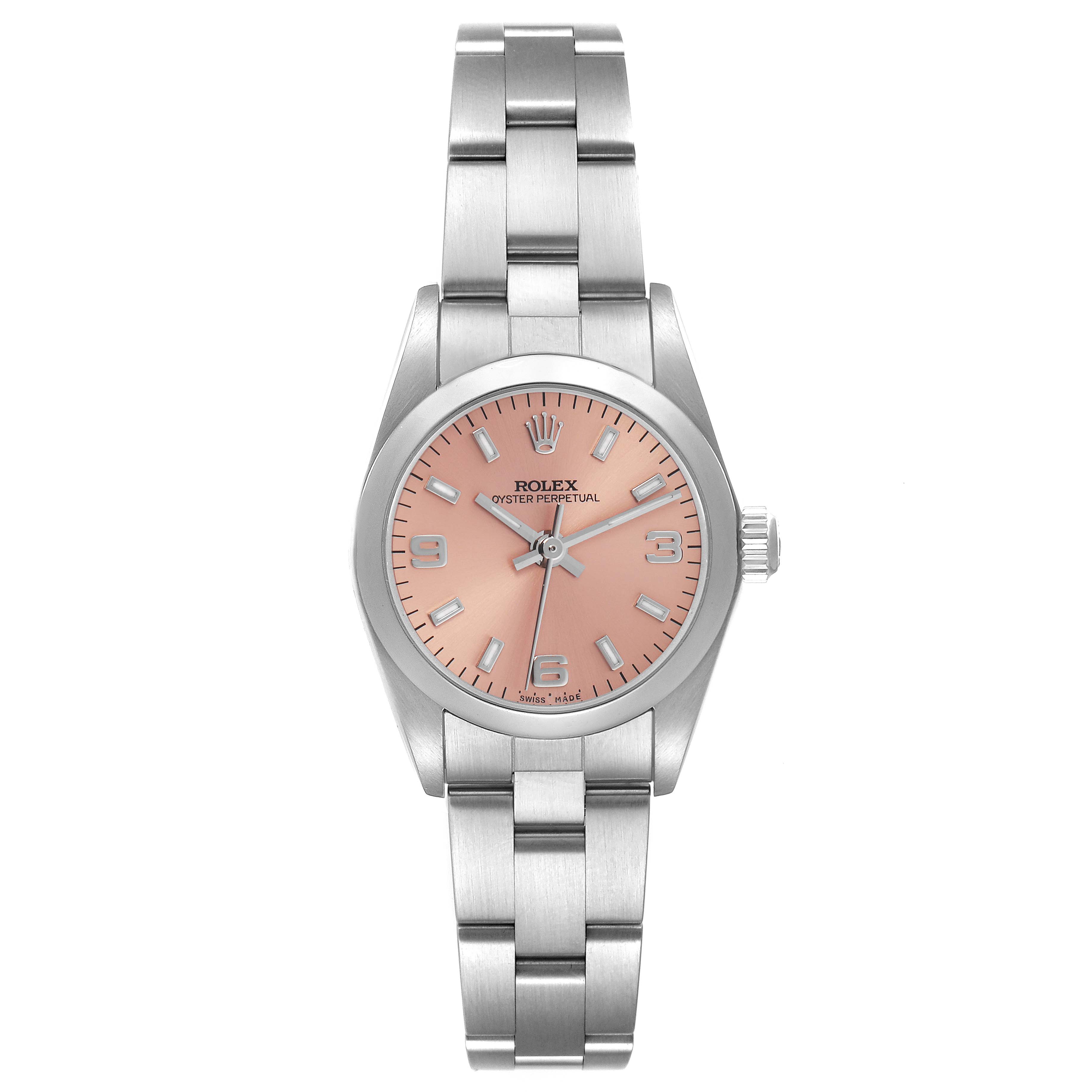The Rolex Oyster Perpetual 76080 Women's Stainless Steel Pink Dial 76080 Women's Stainless Steel Pink Dial watch is shown from a top-down angle, displaying its face, bezel, bracelet, and crown.