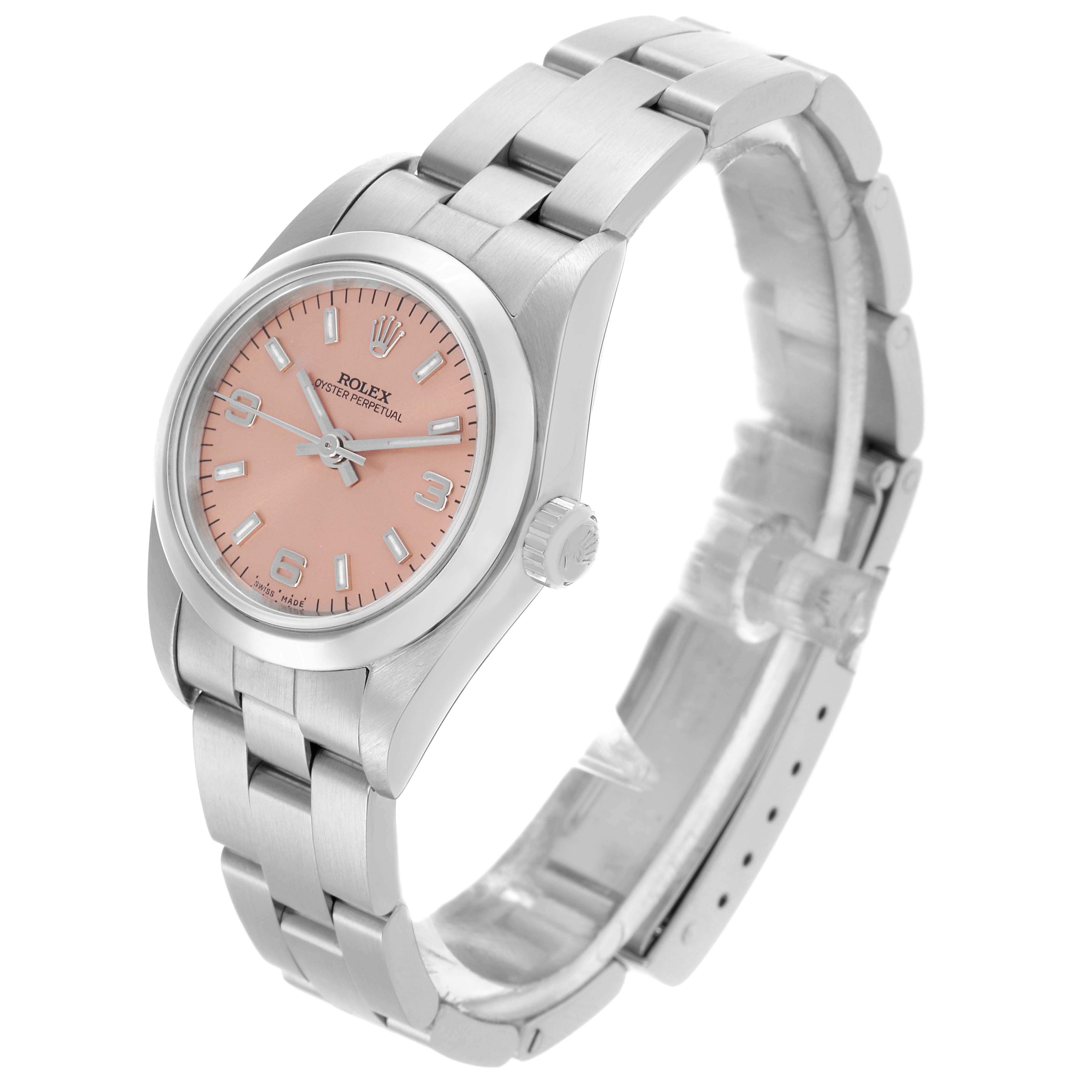 The Rolex Oyster Perpetual 76080 Women's Stainless Steel Pink Dial 76080 Women's Stainless Steel Pink Dial watch is shown at a three-quarter angle, highlighting the face, bezel, crown, and a part of the bracelet.